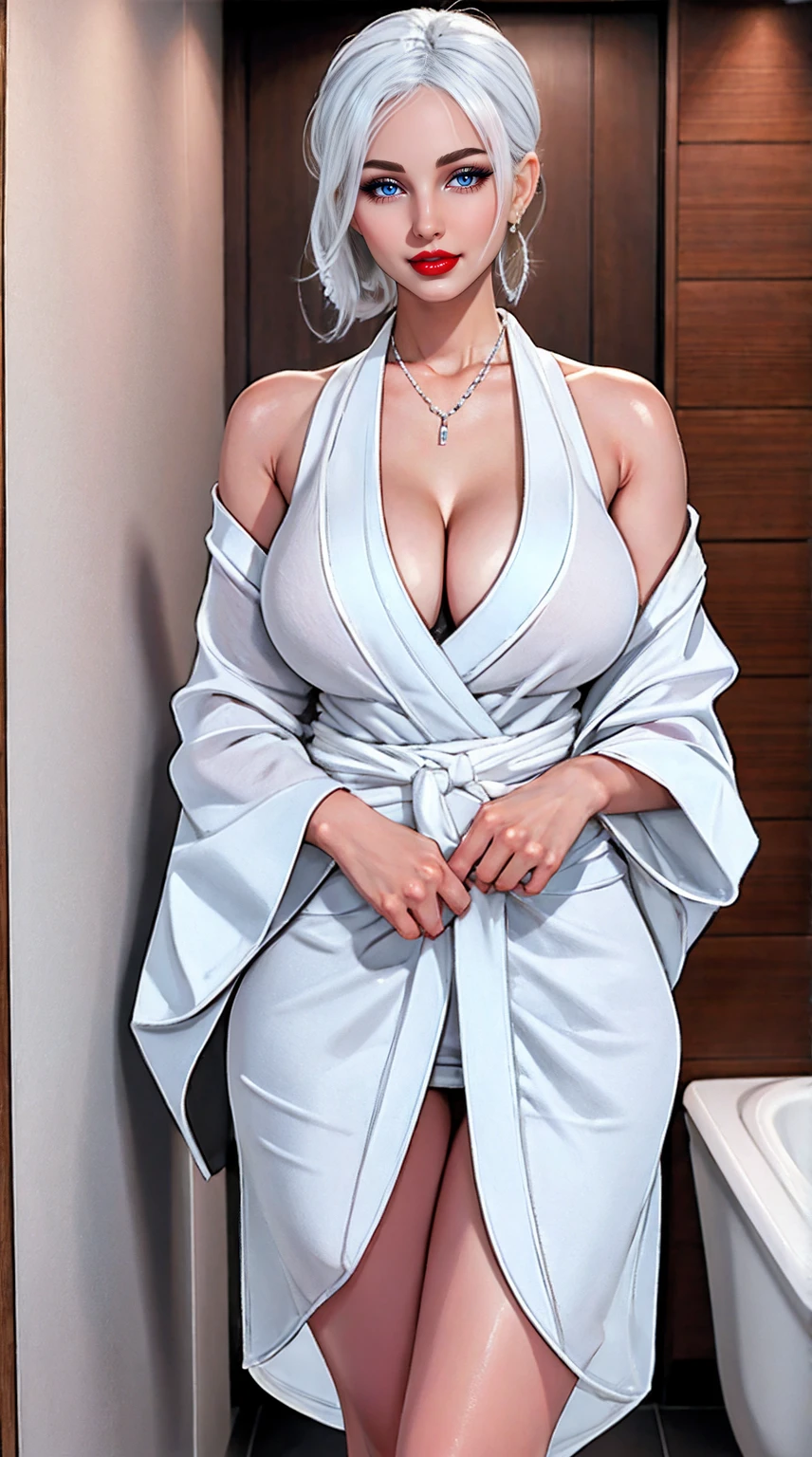  standing in the bathroom, Aroused, necklace, earrings, whole body, White hair, White Kimono, superb,  Ultra HD,  RAW Photo ,  realistic : 1.25), (Sparkling lip color, Long eyelashes, Smooth face , Bright skin,  radiant skin ,  Natural Shadows , Width lights, Width lights,  Depth of Field, Intense colors, Subtle Caustics: 0.8),  Smile, (Busty big), V6