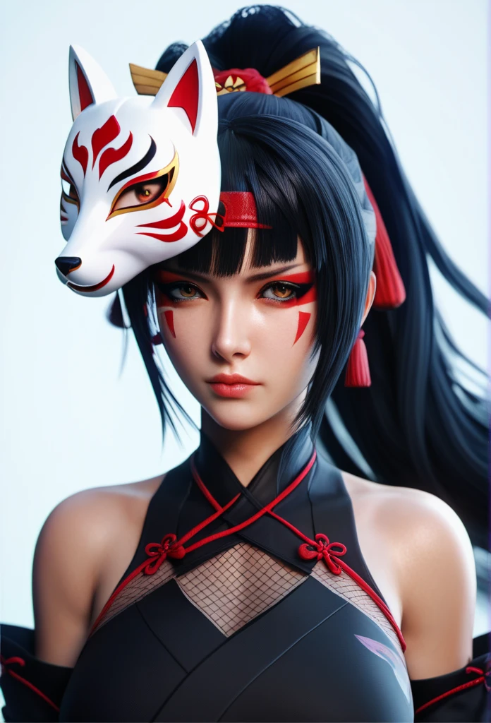 -yeld stgirl, Very beautiful, Sparkle,1 girl,Alone,Fox Mask Template,Ninja clothing, japanese clothes,black, bare shoulders. girl, Long straight hair, 赤いハイライトのblack髪, bangs,  ponytail, A Fox Mask Template is on the head., Beautiful Makeup,  Serious Face , Wearing a detailed black ninja costume,  best quality, Movement,  see here