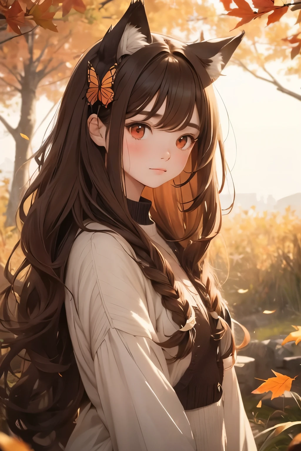 masterpiece， best quality，  shows off split bangs ，Alone，A faint smile, A faint smile， fall leaves for vaginal discharge，The sunlight flickers， tree々 seen between the hairs ， butterfly ，Grass animal ears，  with wolf ears ，Long Hair，Tail，wolf Tail，red eyes，Wolf Girl， brown hair on the abdomen，