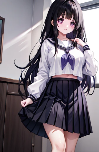 masterpiece, best quality, 1girl, solo, long hair, looking at viewer, skirt, black hair, school uniform, purple eyes, pantyhose, pleated skirt, horns, serafuku, cardigan, oni horns, open cardigan, black panty, floral lace undies, cameltoe, show panties, standing sexily, open legs, spread legs, miniskirt, lifting skirt with both hands, lift skirt, hold skirt with both hands