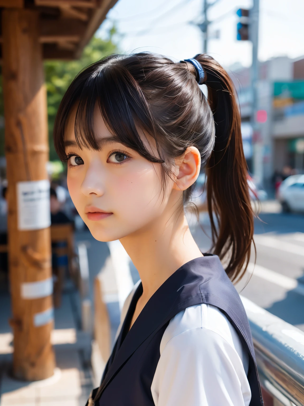 ((SFW: 1.4)), ((SFW, high ponytail, 1 girl)), Ultra-high resolution, (Realistic: 1.4), RAW Photos, highest quality, (PhotoRealistic Stick),Soft Light, (()), ((Japanese)), (( (Young Face))), (surface), (Depth of written boundary), masterpiece, (Realistic), woman, bangs, ((1 girl))