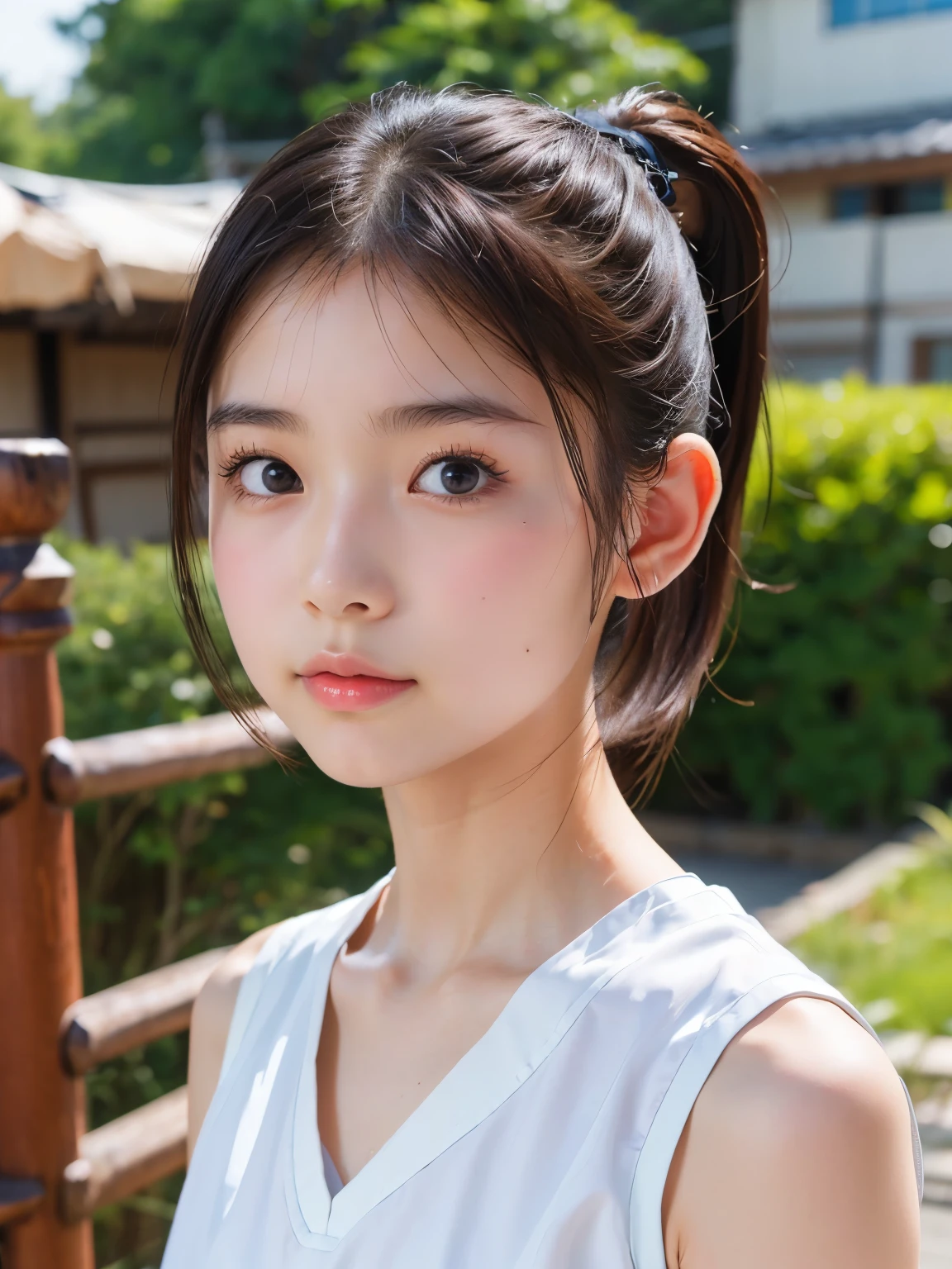 ((SFW: 1.4)), ((SFW, high ponytail, 1 girl)), Ultra-high resolution, (Realistic: 1.4), RAW Photos, highest quality, (PhotoRealistic Stick),Soft Light, (()), ((Japanese)), (( (Young Face))), (surface), (Depth of written boundary), white tanktop, (Realistic), (1 girl))