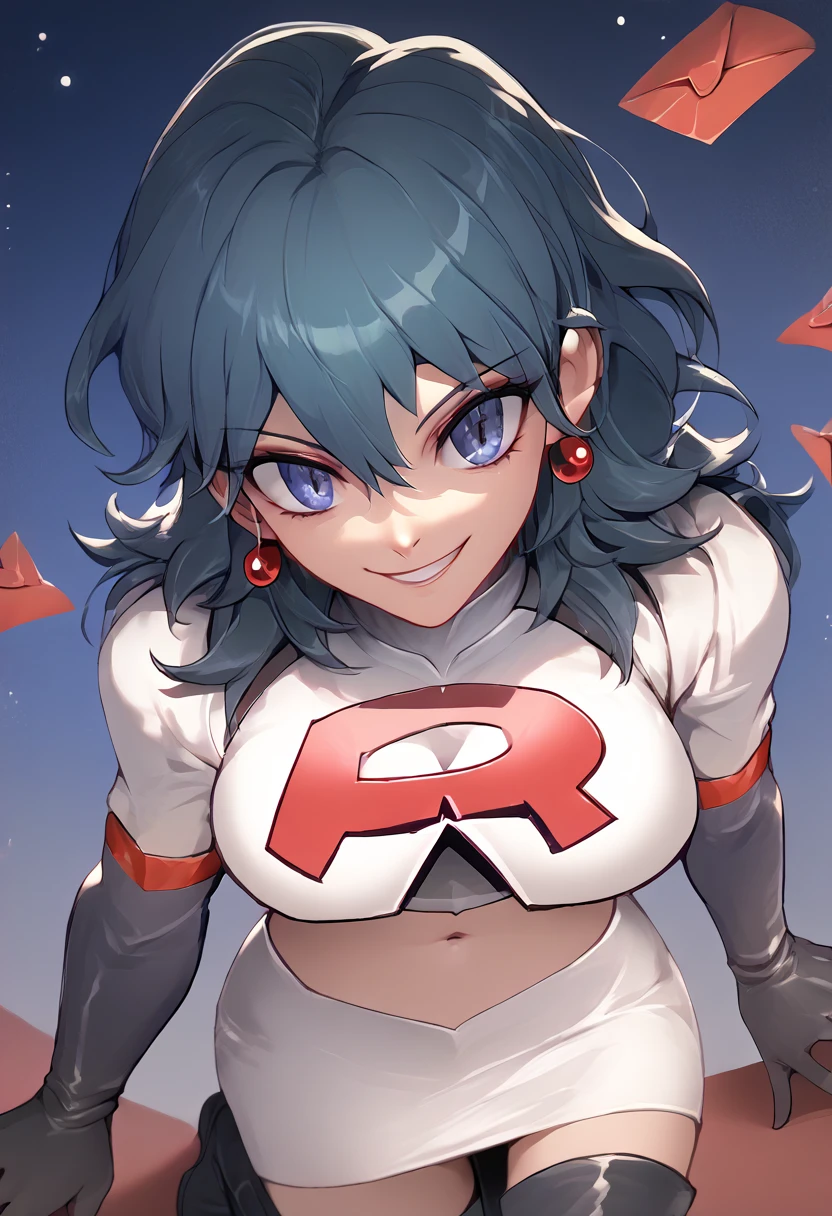 Team rocket, team rocket uniform, red letter R, white skirt,white crop top,black thigh-high boots, black elbow gloves, evil smile, night sky background, earrings, large breasts, high-heeled boots, byleth