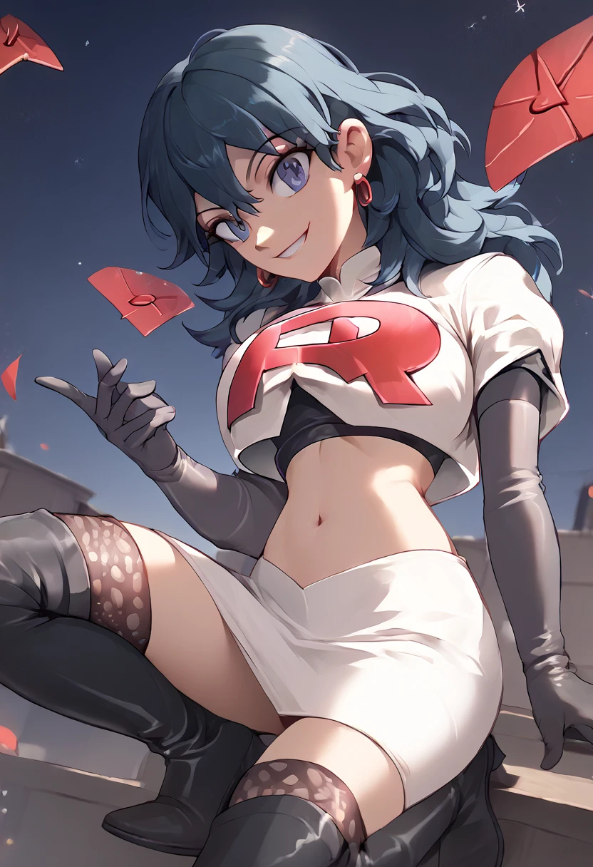 Team rocket, team rocket uniform, red letter R, white skirt,white crop top,black thigh-high boots, black elbow gloves, evil smile, night sky background, earrings, large breasts, high-heeled boots, byleth