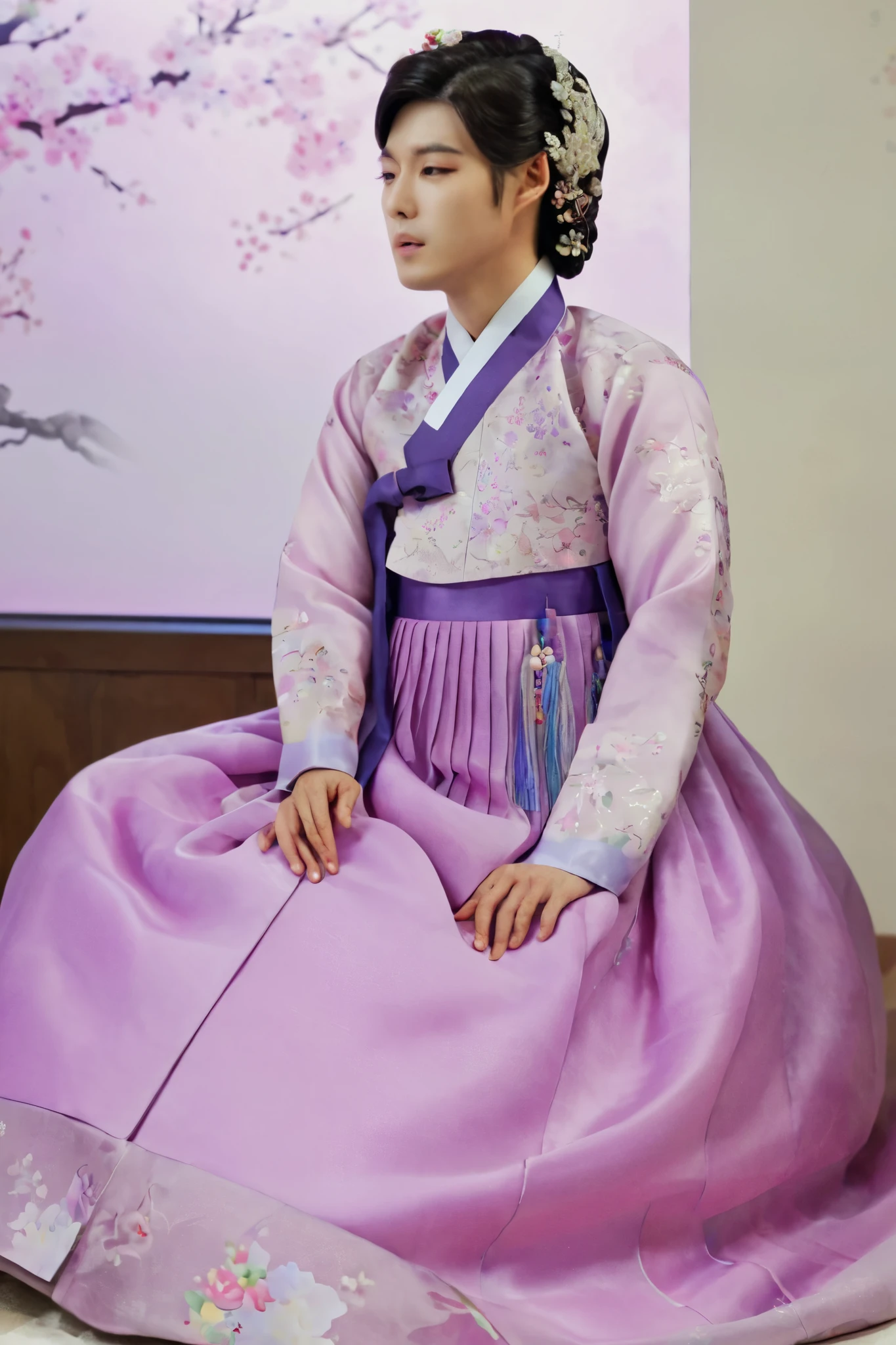 A Korean man in women's hanbok, hi is crossdresser, His face and hairstyle are very masculine, silk, Mother of the Bride hanbok Dress Outfit, breasts like a woman, light purple, slender female body, floral pattern, satin, little side view, full body shot, sit quietly