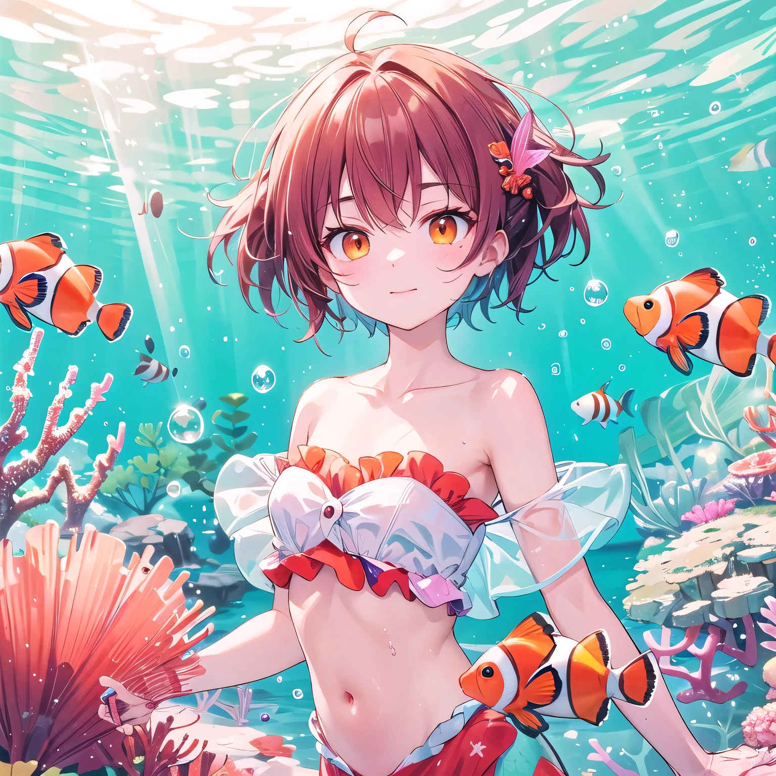 yuiyuigahama, yui yuigahama, short hair, (Brown eyes:1.5), (Pink Hair:1.2), Hair Bun, single Hair Bun, smile,Bikini Swimwear,barefoot,
Floating Hair, In the water, bubble, fish, (jellyfish), fluorescence,Sea Turtle, Seaweed,
break outdoors, In the water,
break looking at viewer, (Cowboy Shot:1.5),
break (masterpiece:1.2), Highest quality, High resolution, unity 8k wallpaper, (figure:0.8), (Beautiful attention to detail:1.6), Highly detailed face, Perfect lighting, Highly detailed CG, (Perfect hands, Perfect Anatomy),