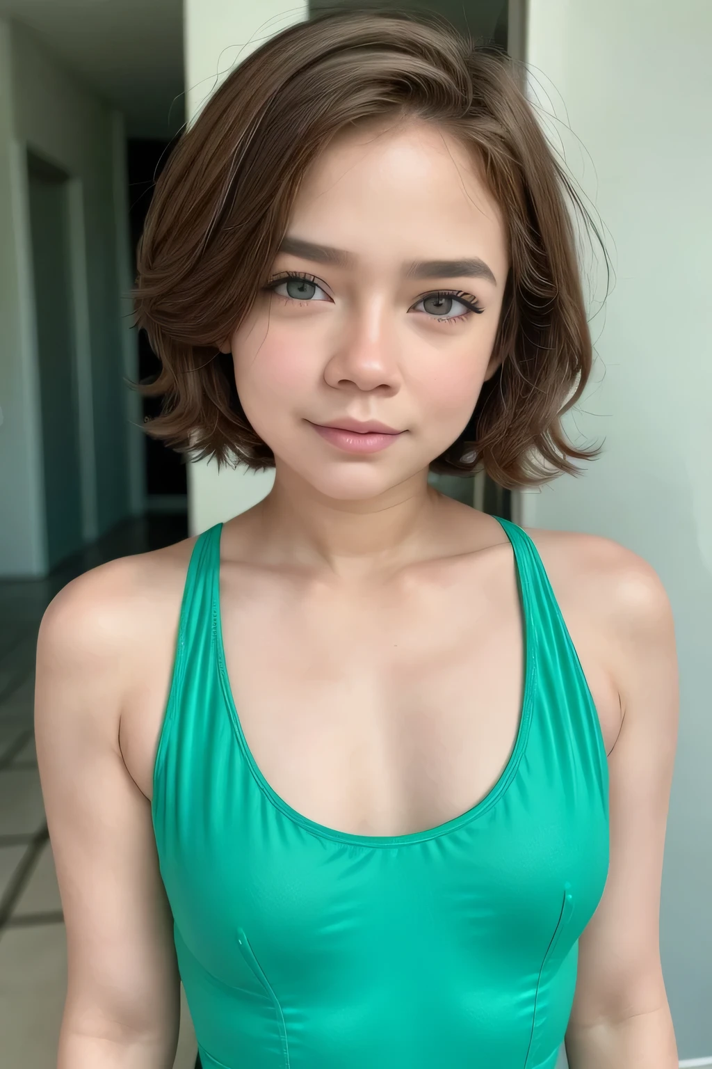 Gadis kecil berambut Shorthaircut bogel, half body portrait. Highly detailed quality, naked flat breasts. thick nipples thick, micro V neck swimsuit 