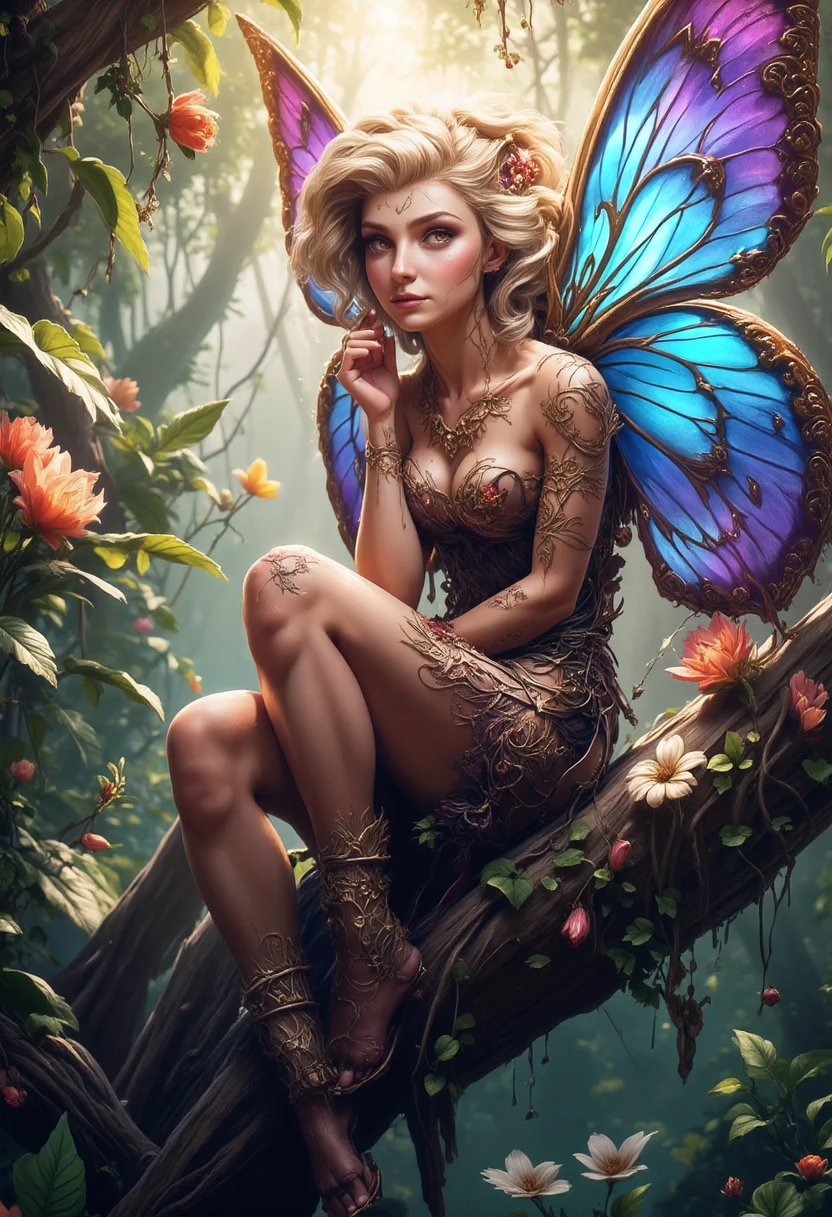 a picture of a jungle fairy, an extraordinary beautiful, elegant beauty, divine beautiful fairy, ((anatomically correct: 1.5)) spread butterfly wings, blue and purple wings, pink eyes, glowing eyes, (ultra detailed face: 1.2), best detailed face,  blond hair, rich hair, wavy hair, glamour dress, wild dress, dress decorated with jungle flowers,  sitting on massive heliconia tree the rain forest, sun rays coming through the trees, Hyperrealism style, vibrant, Ultra-high resolution, High Contrast, (masterpiece:1.5), highest quality, Best aesthetics), best details, best quality, highres, ultra wide angle, 16k, [ultra detailed], masterpiece, best quality, (extremely detailed) RAW, chumbasket art style, FairyTaleAI, fairy wings, Comistyle 