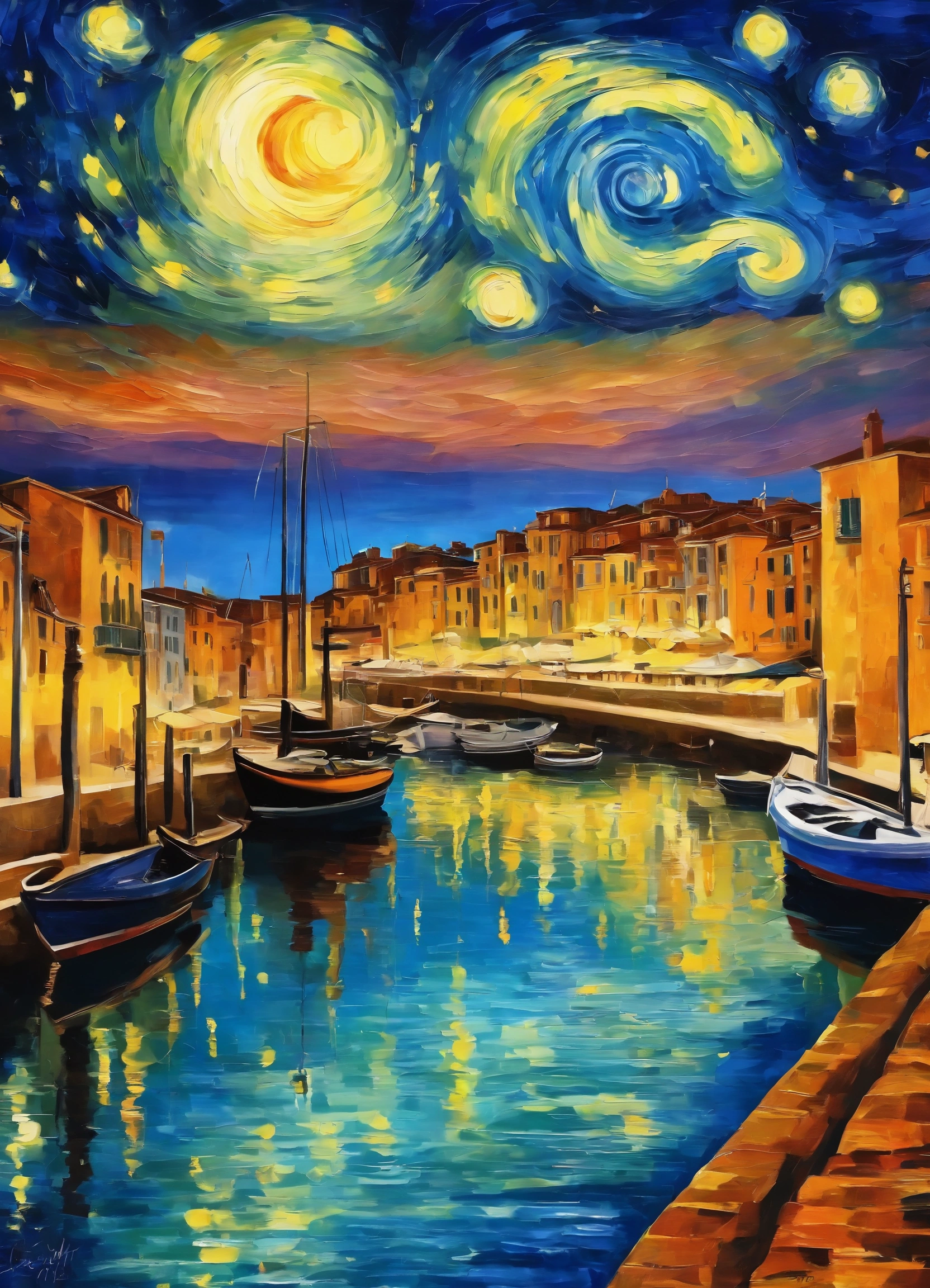 (A night city with twinkling stars facing the Mediterranean Harbor in Italy), Fine art photography style, dark coating style, The glittering cityscape is reflected like a mirror in the calm sea with no waves around the coastline. Painted using impressionist painting techniques. The beautiful scenery is reminiscent of Impressionist painter (Van Gogh's "Starry Night over the Rhône"). Everything from the use of color to the touch of the painting is artistic and a masterpiece. Ultra high resolution. 8k.