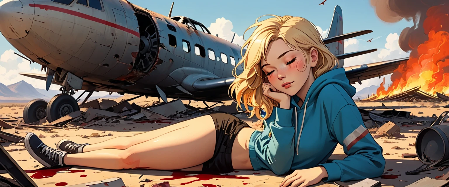 (graphic novel style, dark novel style, 2d:1.5),(anime), (masterpiece:1.4), (colourful, soft cinematic light:1.1), incredibly lifelike, Extremely high-resolution details, 8k, best quality,extremely detailed, contrast, (fullbody), sun, in the desert, airplane wreckage, airplane crash, (((fire))), blood, broken airplane,parts Boeing airplane, ((((closed eyes)))), sleep girl in a ((blue hoodie)) and (black shorts) lies on her back on the airplane wreckage, head lies on the sandб adult, [Nordic], Hourglass elongated fitness body, perfect Olive skin, Oval Face with blood, blood on hand, round forehead, (((Short blonde Waves pixie hair))), snub nose, Arched eyebrows, closed Eyes, High Round Narrow cheekbones, Dimpled Cheeks, Rounded Chin, Rounded Jawline, Fine Puppet Wrinkles, Full nude Lips, (closed eyes), Nude Makeup Look, long eyelashes, long slim fitness legs