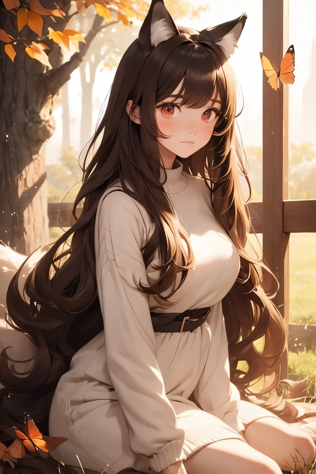 masterpiece， best quality，  shows off split bangs ，Alone，A faint smile, A faint smile， fall leaves for vaginal discharge，The sunlight flickers， tree々 seen between the hairs ， butterfly ，Grass animal ears，  with wolf ears ，Long Hair，Tail，wolf Tail，red eyes，Wolf Girl， brown hair on the abdomen，