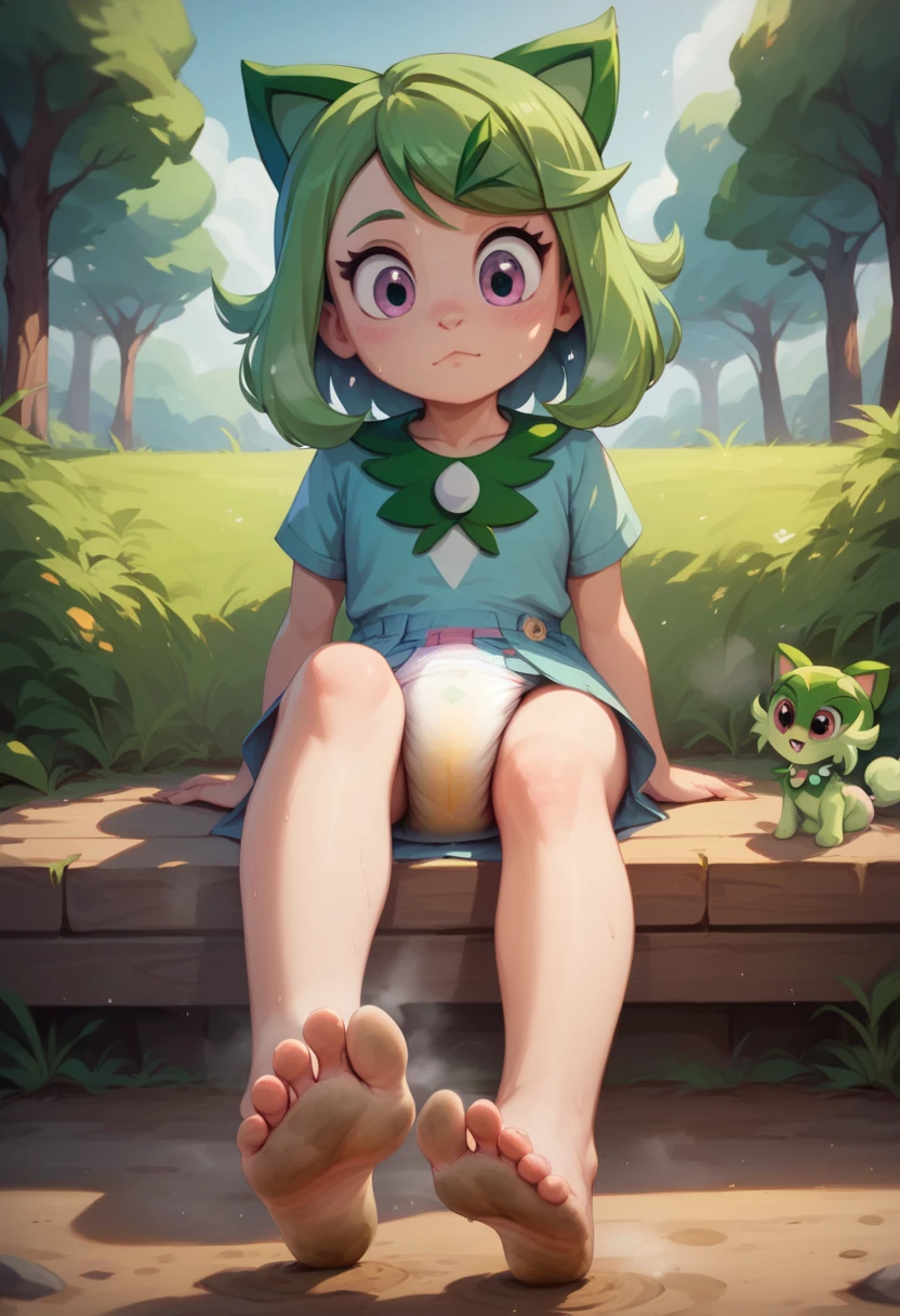 masterpiece, best quality, highres, liko as a toddler, girl sitting, wet diaper, very cute, adorable, curious, barefoot sole, foot focus, dirt, smelly, stinky, steamy, sweaty