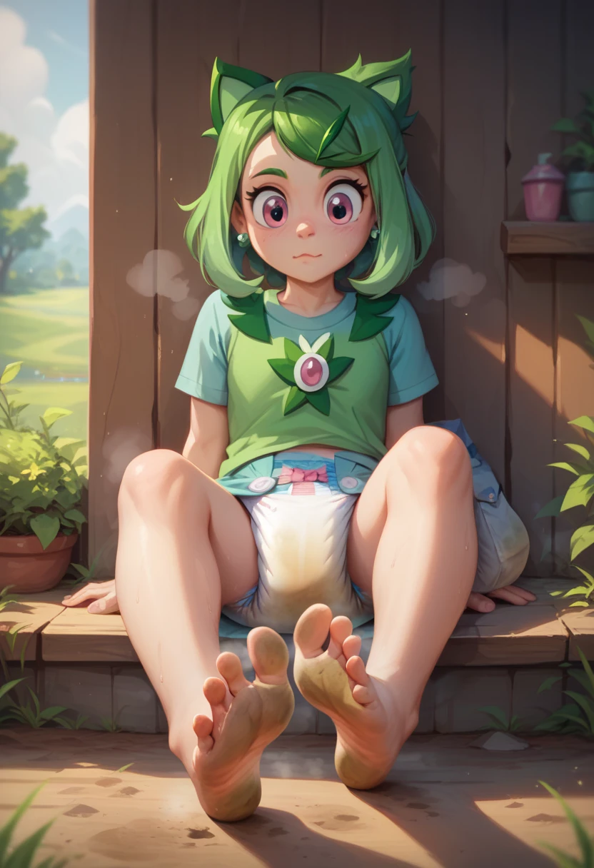 masterpiece, best quality, highres, liko as a toddler, girl sitting, wet diaper, very cute, adorable, curious, barefoot sole, foot focus, dirt, smelly, stinky, steamy, sweaty