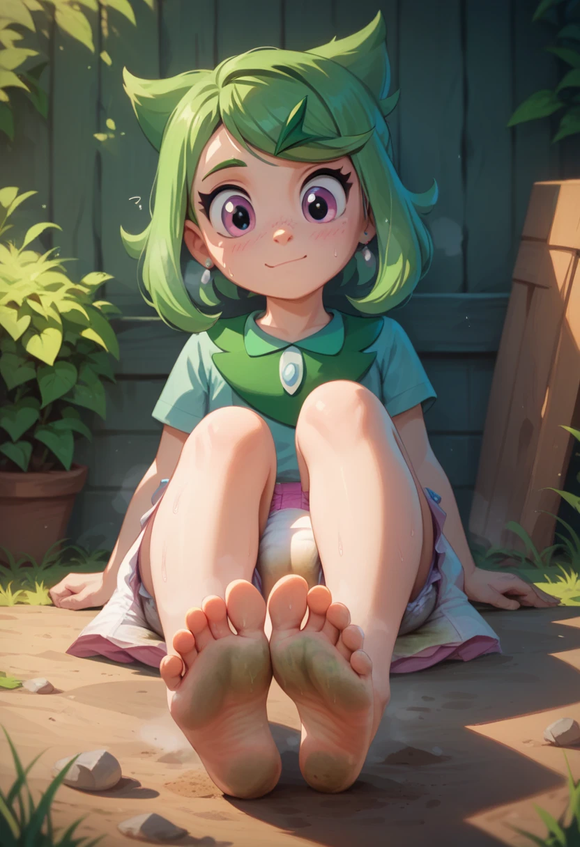 masterpiece, best quality, highres, liko as a toddler, girl sitting, wet diaper, very cute, adorable, curious, barefoot sole, foot focus, dirt, smelly, stinky, steamy, sweaty