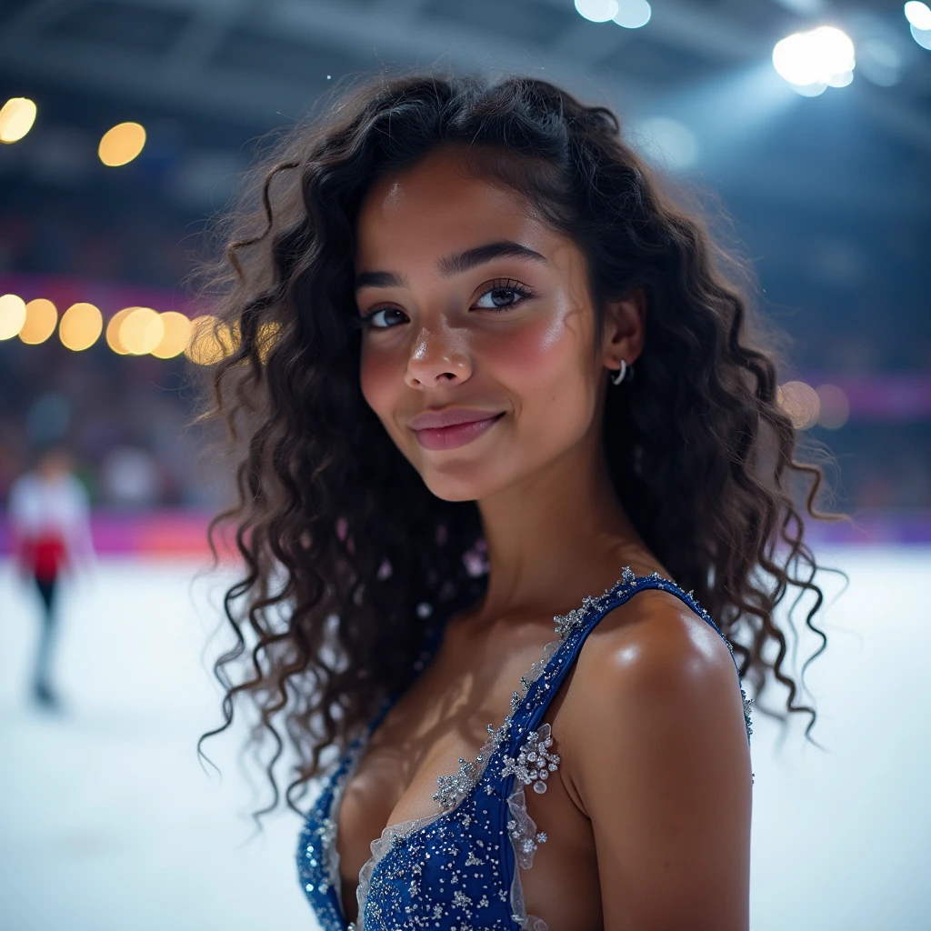 (medium full shot) of (poised ice skater) young woman, south african, dark skin, black eyes, tiny build, medium hazel dreadlocks hair, wearing a pure white a-line dress , rhinestone-studded skates, eyeshadow, sequined headband, set in a prestigious championship, featuring luxurious decor, elegant seating, sophisticated ambiance, artistic props, and chic banners, at night, woman smiling, ,Masterpiece,best quality, photo, realistic, very aesthetic, detailed face,