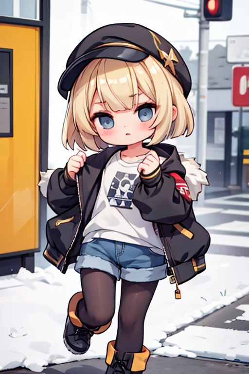 blond girl with bangs、Bob Hair、 black pantyhose 、 jacket、 shorts、boots and accessories、Keep one's knees、 blue eyes, Droopy eyes, eyes sparkle, frowns, Awkward,