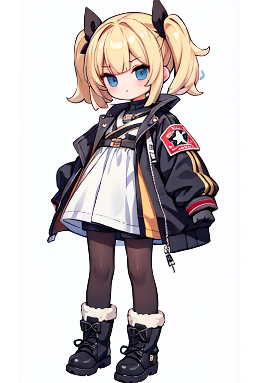 blond girl with bangs、Bob Hair、 black pantyhose 、 jacket、 shorts、boots and accessories、Keep one's knees、 blue eyes, Droopy eyes, eyes sparkle, frowns, Awkward,