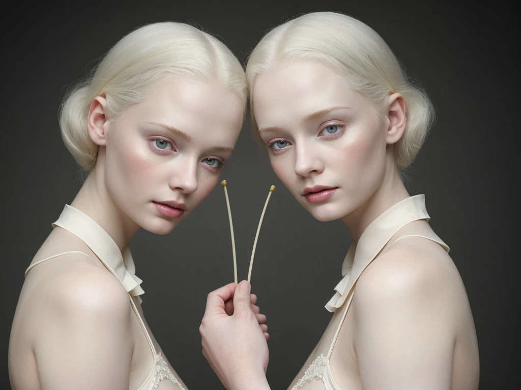 Deux femmes en combinaisons dorées posent pour une photo, belles jumelles de science-fiction, massive breast, beautiful Gemini twins  portrait, erwin olaf, albino pale white skin,collar lace,Wide hips, hugging each other from above view, a girl whispering into a girls, ear from behind, Flora Borsi,  beautiful Gemini twins , intense albino, Siamese brothers , Lori Earley,  soft, pale golden skin ,  epic twin sisters , beaucoup de Merlot, Albino skin,  pale porcelain skin 