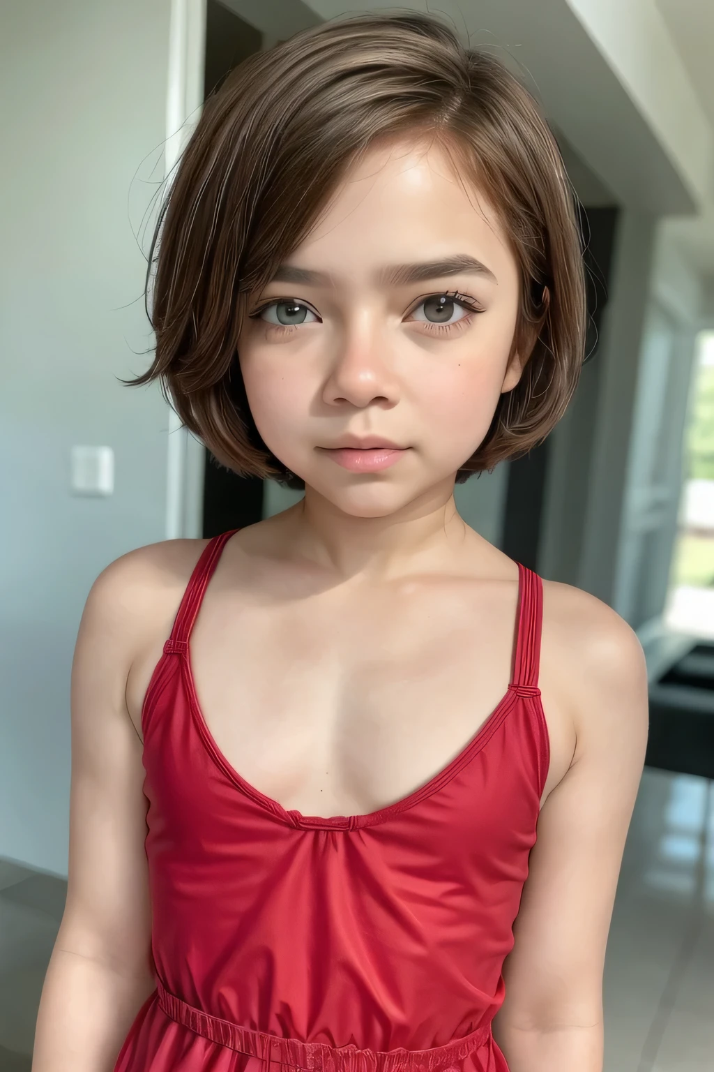 Gadis kecil berambut Shorthaircut bogel, half body portrait. Highly detailed quality, naked flat breasts. thick nipples thick, micro V neck swimsuit 