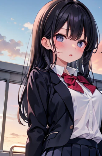 looking up、looking back,Upper Body, Realistic, real person, (pale skin: 1.2), RAW photo, photorealistic, shiny skin, shiny hair、 (A 35-year-old woman with medium-length hair and bangs) and (wavy hair) and (brown hair) and (Orange Eyes) , (Wearing a business suit:1.5) and (Wearing a white collared shirt),blush,curtain,window、Alone、Closing the curtains,Wearing a black jacket