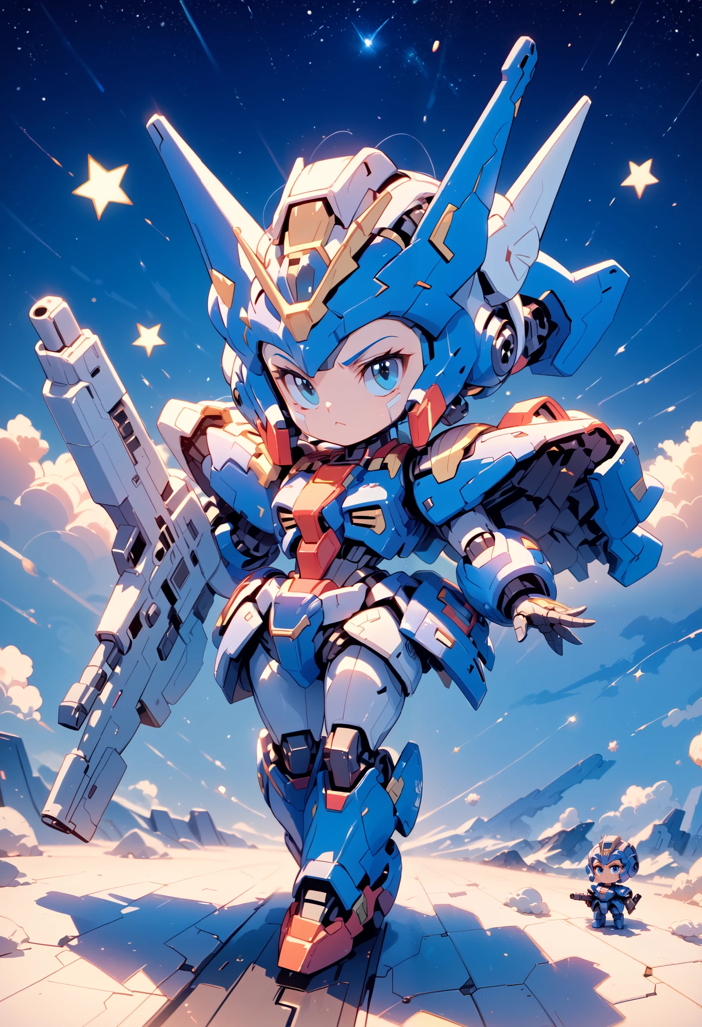 ((masterpiece)), accurate, textured skin, ((super detail)), high quality, high details, highres, best quality, chibi, Gundam, robots, deformed characters, space, star wars, Metallic blue armor, Beam rifle, Heavy Armor, girl, 