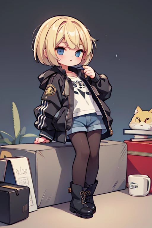 blond girl with bangs、Bob Hair、 black pantyhose 、 jacket、 shorts、boots and accessories、Keep one's knees、 blue eyes, Droopy eyes, eyes sparkle, frowns, Awkward, angry, Anger Mark,