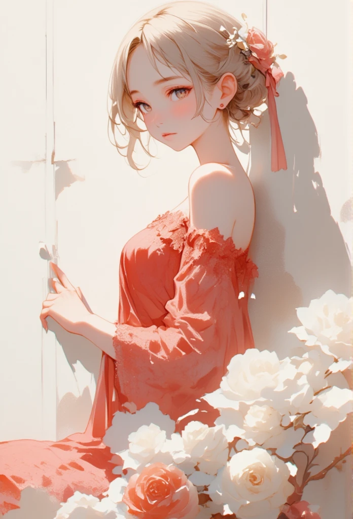 (((Simple configuration )))、(((White wall background:1.2)))、  a girl  、 perfect anatomy 、絵のように beautiful 、sketch、Very subtle、 cloud-like wall 、、Rose、 Delicate drawing 、Abstract、 overall bright color 、 soft colors 、Red lace dress 、Taisho Romance、(masterpiece、  is of the best quality、  is of the best quality、  official art 、 beautiful ,  beautiful :1.2)