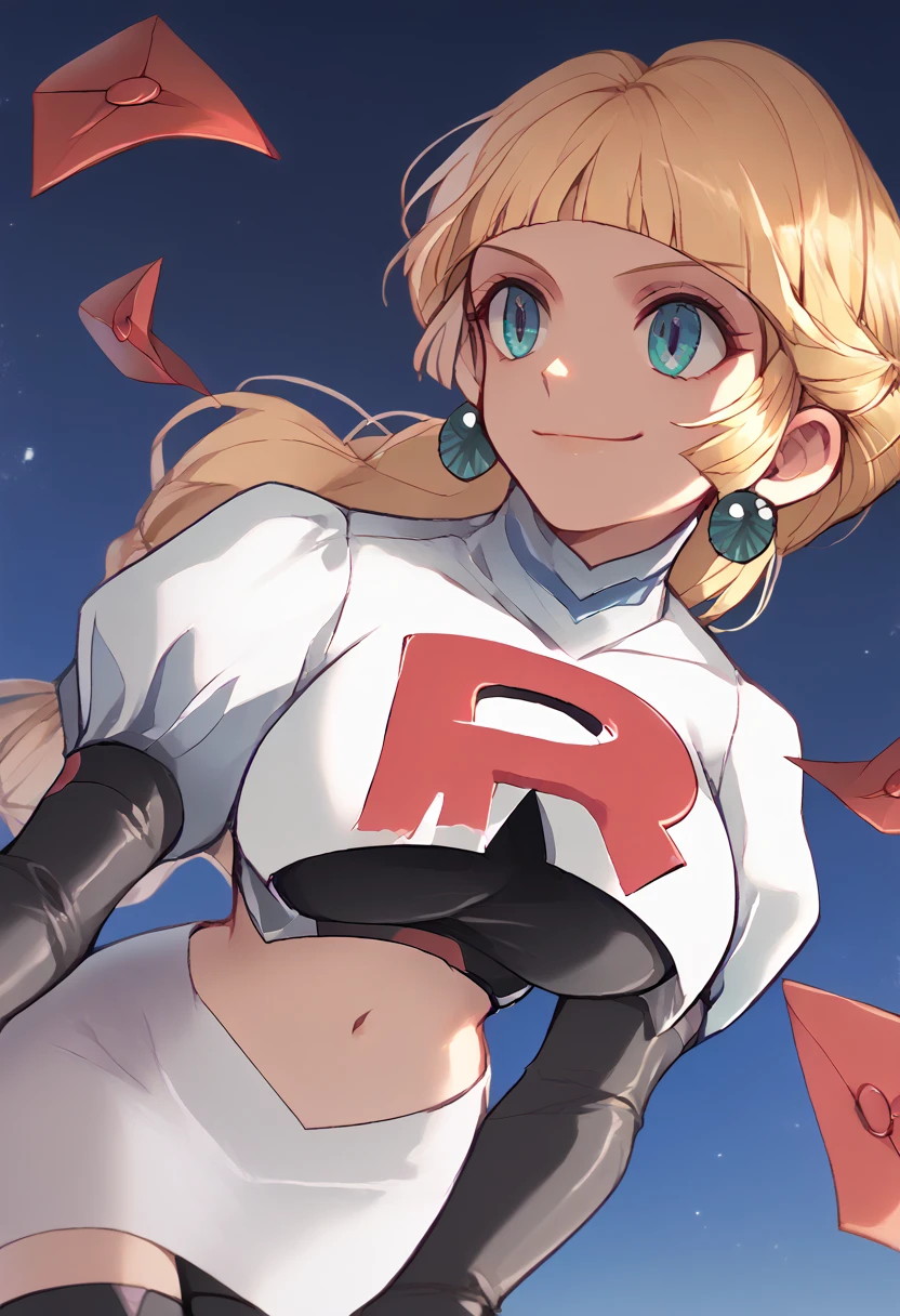 Team rocket, team rocket uniform, red letter R, white skirt,white crop top,black thigh-high boots, black elbow gloves, evil smile, night sky background, earrings, large breasts, high-heeled boots, Ingrid Brandl Galatea, blond hair