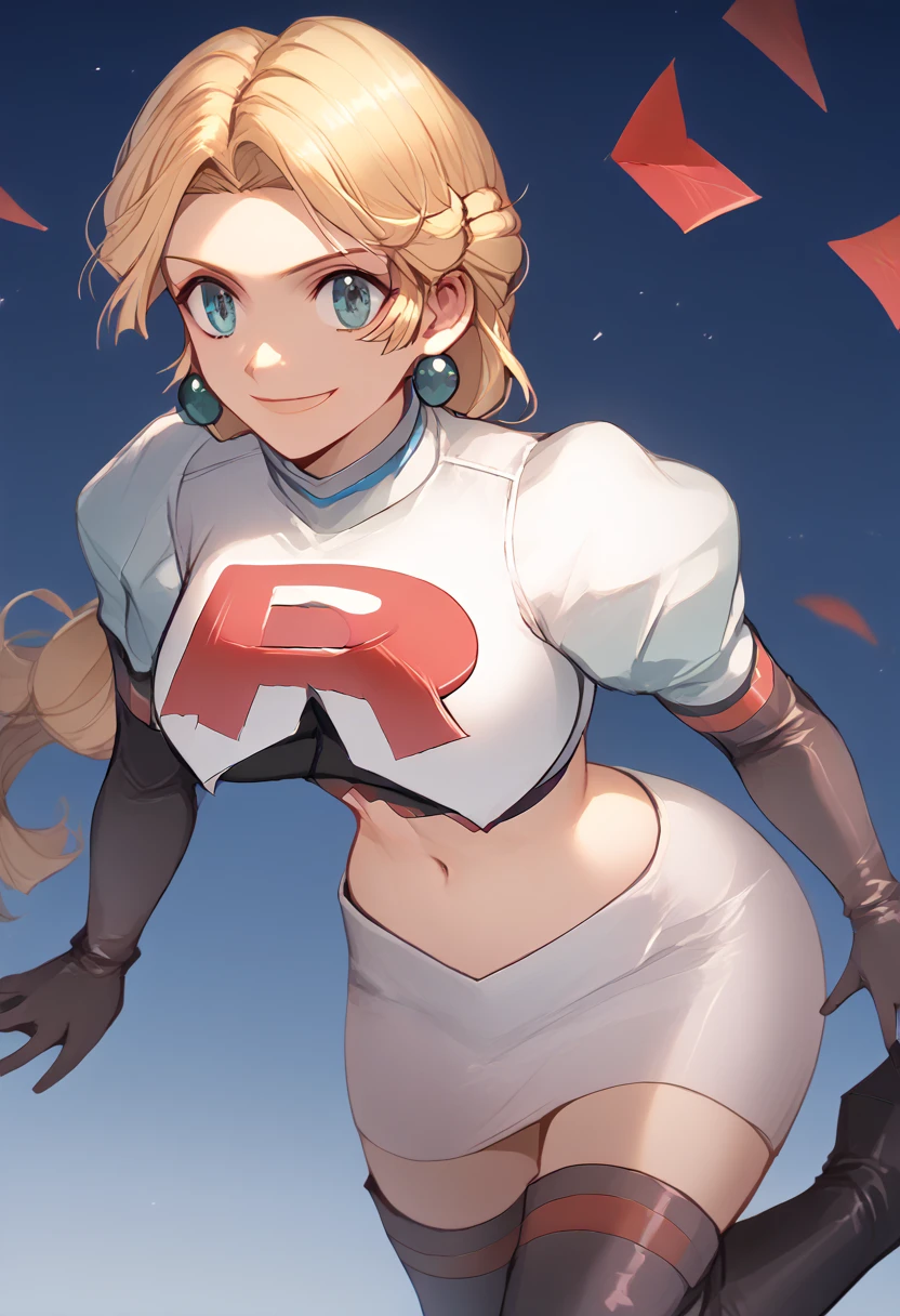 Team rocket, team rocket uniform, red letter R, white skirt,white crop top,black thigh-high boots, black elbow gloves, evil smile, night sky background, earrings, large breasts, high-heeled boots, Ingrid Brandl Galatea, blond hair