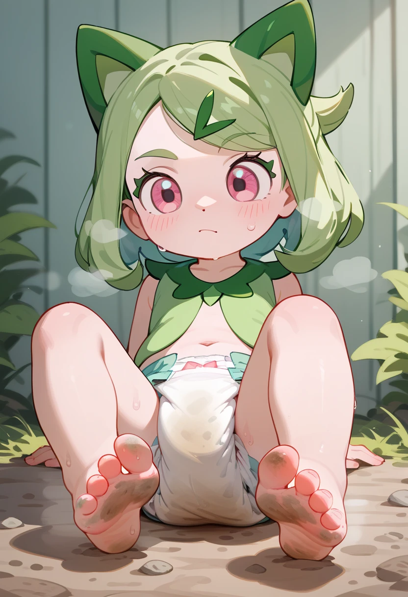 masterpiece, best quality, highres, liko as a toddler, girl sitting, wet diaper, very cute, adorable, curious, barefoot sole, foot focus, dirt, smelly, stinky, steamy, sweaty