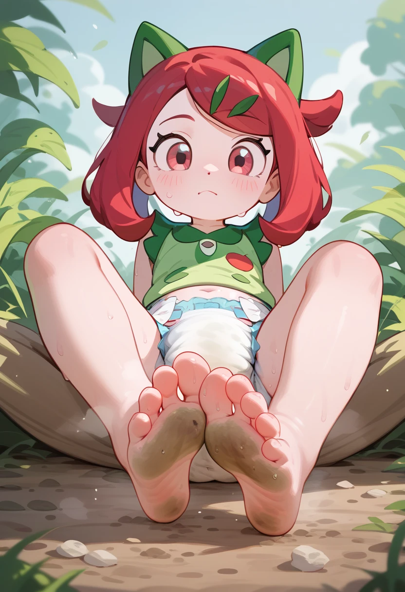 masterpiece, best quality, highres, liko as a toddler, girl sitting, wet diaper, very cute, adorable, curious, barefoot sole, foot focus, dirt, smelly, stinky, steamy, sweaty