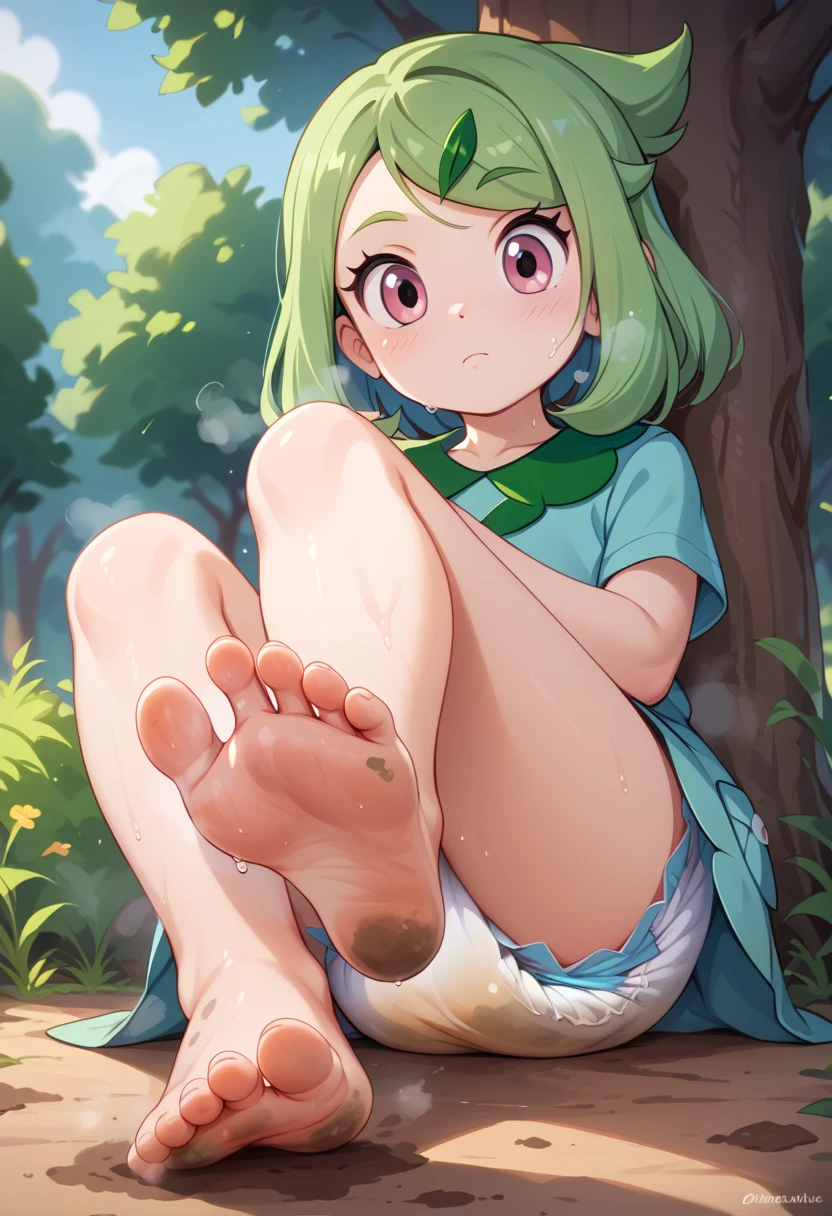 masterpiece, best quality, highres, liko as a toddler, girl sitting, wet diaper, very cute, adorable, curious, barefoot sole, foot focus, dirt, smelly, stinky, steamy, sweaty