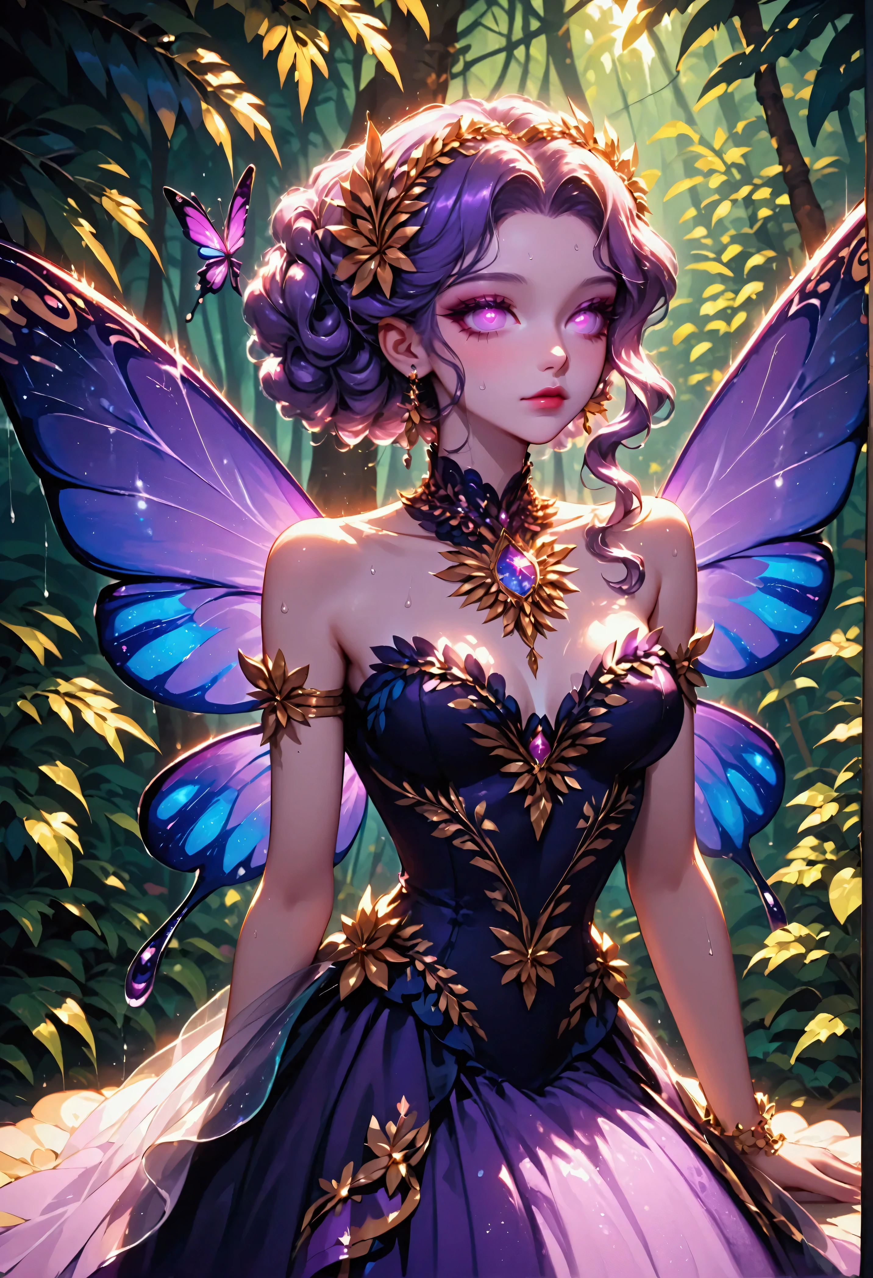 score_9, score_8_up, score_7, a picture of a jungle fairy, an extraordinary beautiful, elegant beauty, divine beautiful fairy, ((anatomically correct: 1.5)) spread butterfly wings, blue and purple wings, pink eyes, glowing eyes, (ultra detailed face: 1.2), best detailed face,  blond hair, rich hair, wavy hair, glamour dress, wild dress, dress decorated with jungle flowers,  sitting on massive heliconia tree the rain forest, sun rays coming through the trees, Hyperrealism style, vibrant, Ultra-high resolution, High Contrast, (masterpiece:1.5), highest quality, Best aesthetics), best details, best quality, highres, ultra wide angle, 16k, [ultra detailed], masterpiece, best quality, (extremely detailed) RAW, PASTELGOTH