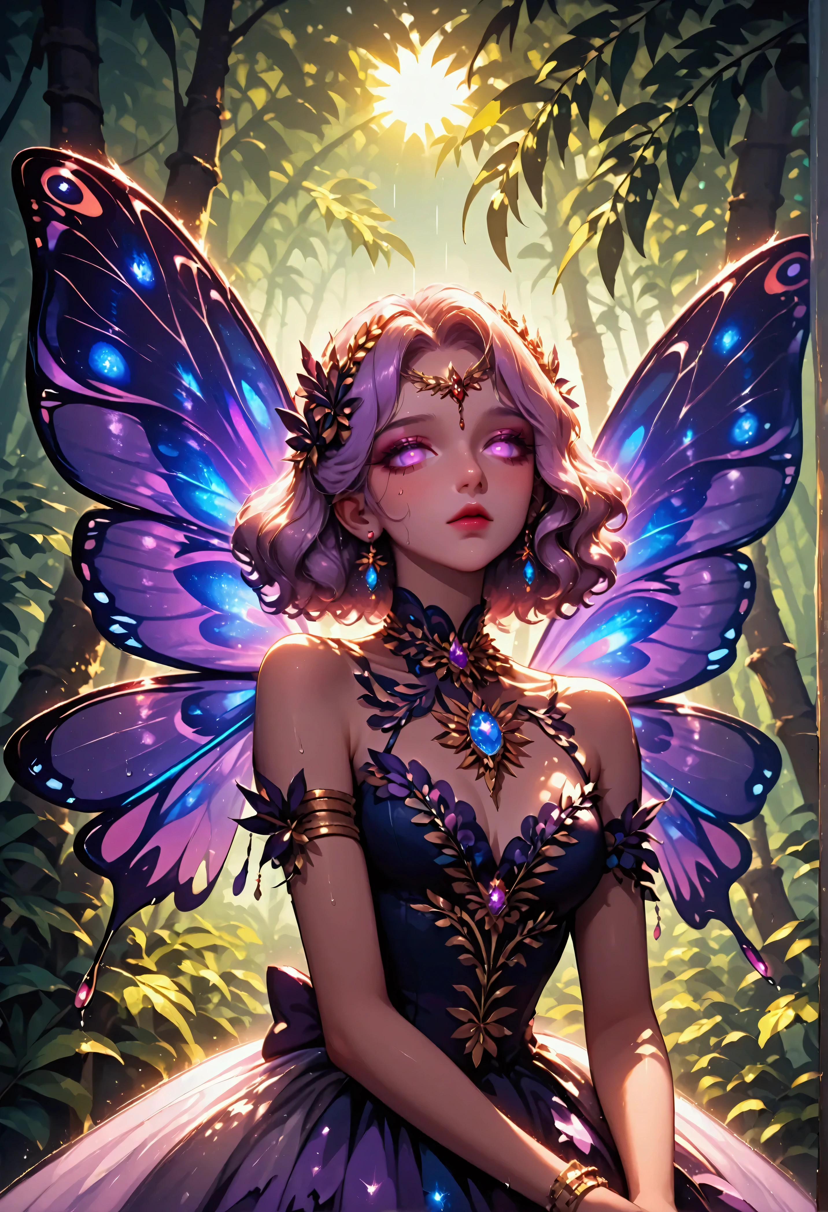 score_9, score_8_up, score_7, a picture of a jungle fairy, an extraordinary beautiful, elegant beauty, divine beautiful fairy, ((anatomically correct: 1.5)) spread butterfly wings, blue and purple wings, pink eyes, glowing eyes, (ultra detailed face: 1.2), best detailed face,  blond hair, rich hair, wavy hair, glamour dress, wild dress, dress decorated with jungle flowers,  sitting on massive heliconia tree the rain forest, sun rays coming through the trees, Hyperrealism style, vibrant, Ultra-high resolution, High Contrast, (masterpiece:1.5), highest quality, Best aesthetics), best details, best quality, highres, ultra wide angle, 16k, [ultra detailed], masterpiece, best quality, (extremely detailed) RAW, PASTELGOTH