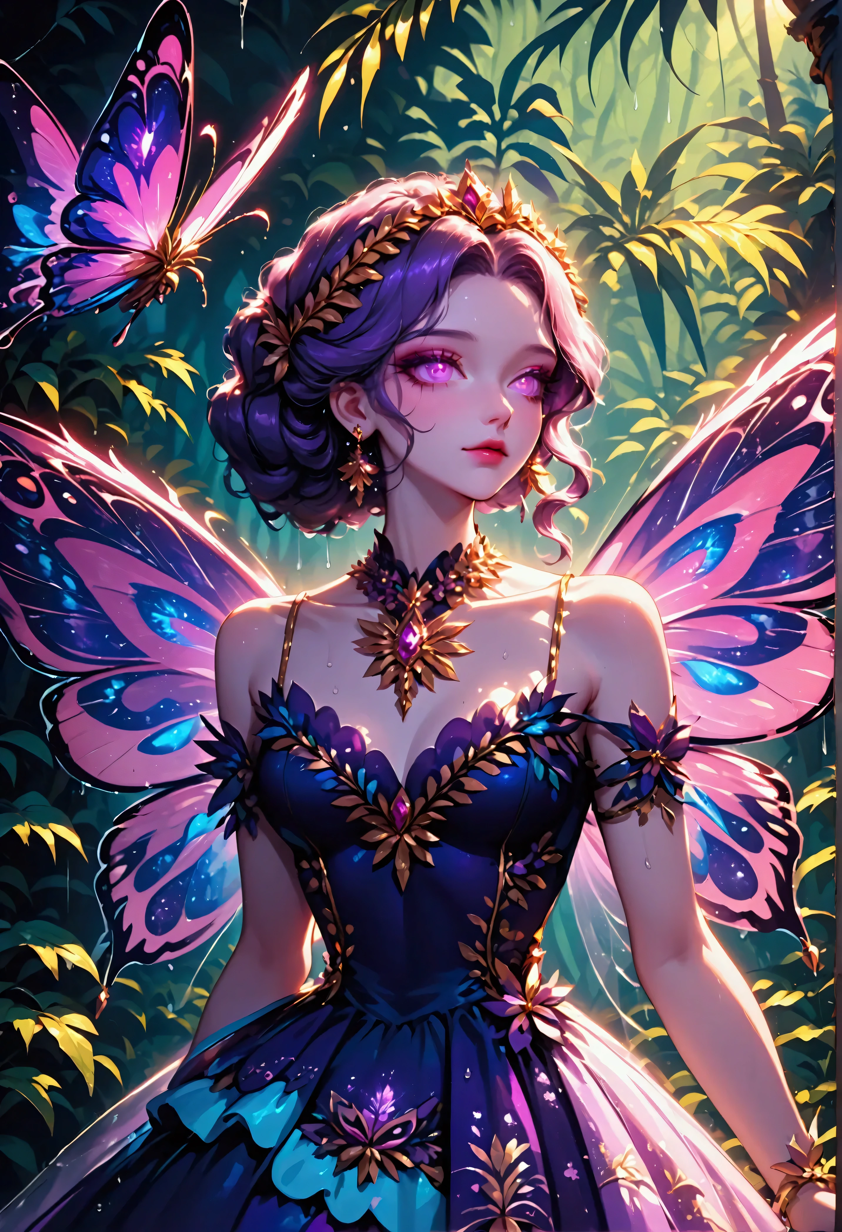 score_9, score_8_up, score_7, a picture of a jungle fairy, an extraordinary beautiful, elegant beauty, divine beautiful fairy, ((anatomically correct: 1.5)) spread butterfly wings, blue and purple wings, pink eyes, glowing eyes, (ultra detailed face: 1.2), best detailed face,  blond hair, rich hair, wavy hair, glamour dress, wild dress, dress decorated with jungle flowers,  sitting on massive heliconia tree the rain forest, sun rays coming through the trees, Hyperrealism style, vibrant, Ultra-high resolution, High Contrast, (masterpiece:1.5), highest quality, Best aesthetics), best details, best quality, highres, ultra wide angle, 16k, [ultra detailed], masterpiece, best quality, (extremely detailed) RAW, PASTELGOTH