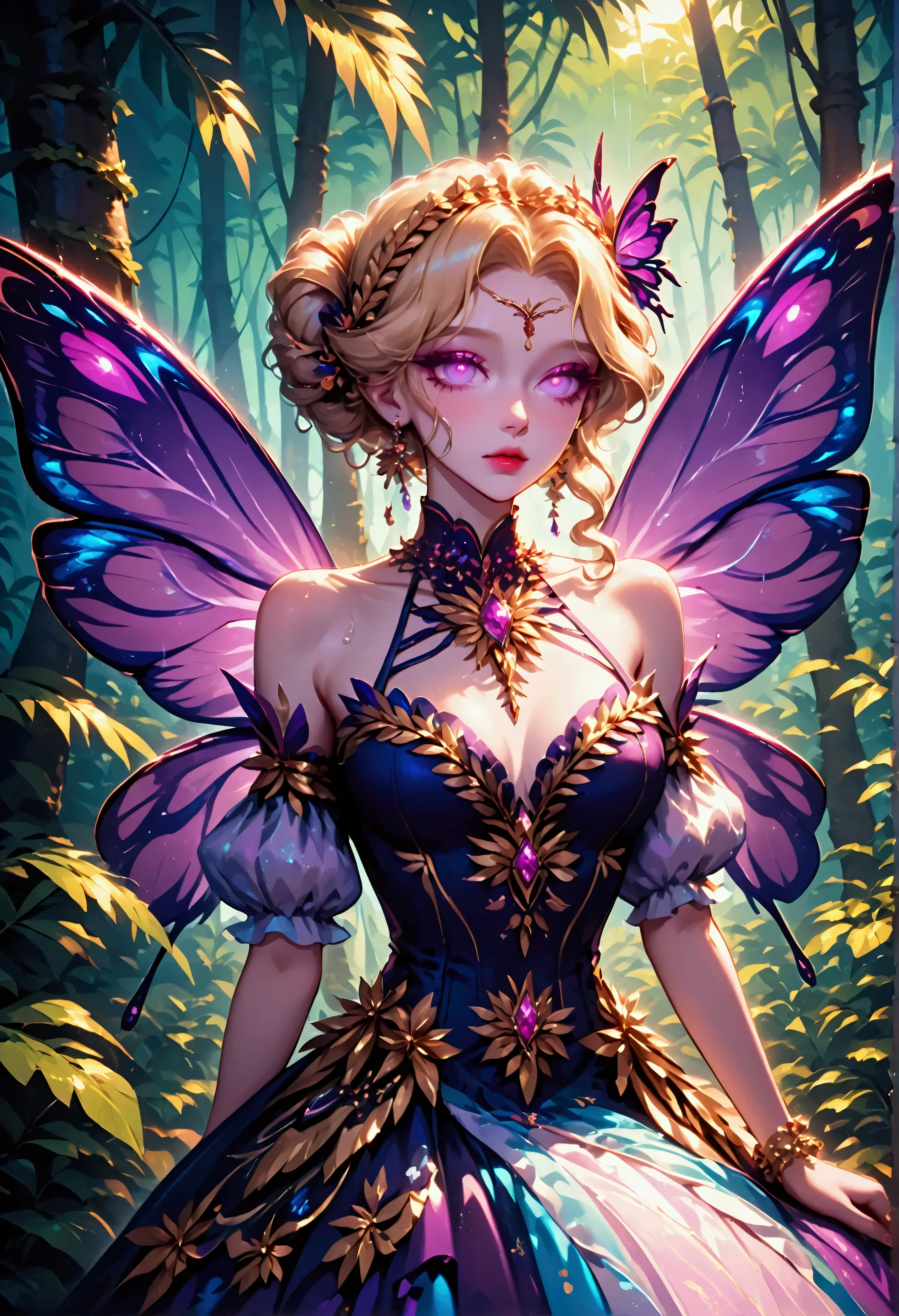 score_9, score_8_up, score_7, a picture of a jungle fairy, an extraordinary beautiful, elegant beauty, divine beautiful fairy, ((anatomically correct: 1.5)) spread butterfly wings, blue and purple wings, pink eyes, glowing eyes, (ultra detailed face: 1.2), best detailed face,  blond hair, rich hair, wavy hair, glamour dress, wild dress, dress decorated with jungle flowers,  sitting on massive heliconia tree the rain forest, sun rays coming through the trees, Hyperrealism style, vibrant, Ultra-high resolution, High Contrast, (masterpiece:1.5), highest quality, Best aesthetics), best details, best quality, highres, ultra wide angle, 16k, [ultra detailed], masterpiece, best quality, (extremely detailed) RAW, PASTELGOTH