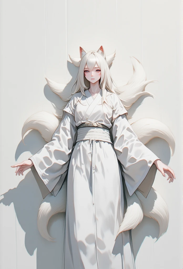 (((Simple configuration )))、(((White wall background:1.2)))、White fox demon、 Nine-tailed Fox 、  Japanese Women  、kimono、 Fair Skin 、There are red lines on the face、8K、I have long hair、Demon fox mask 、