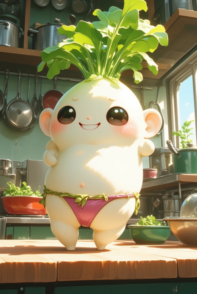 (Super deformed Daikon: cute eyes and mouth: no ears: Limb; white: leaf hair), standing on the table in the kitchen. bikini wear, Seductive gestures