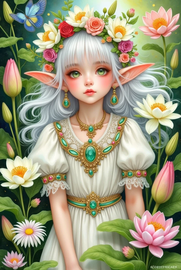 1 Girl,, bangs,flower束,brooch,茶flower,daisy,earrings,Elf,eyelash,nail,flower,gem,Grass, green eyes,holding flower,Jewelry,leaf,lily \(flower\),lily of the valley,lily pad,Long hair,Long sleeve, looking at the audience ,莲flower,lie,mark \(medium\),nail油, split lips ,pearl \(gemstone\),pink flower,Pointed ears, puffy sleeves ,Rose, unique , traditional media,tulip,white flower,White hair,white Rose,yellow flower