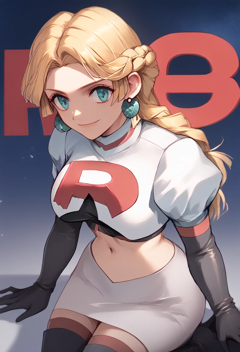 Team rocket, team rocket uniform, red letter R, white skirt,white crop top,black thigh-high boots, black elbow gloves, evil smile, night sky background, earrings, large breasts, high-heeled boots, Ingrid Brandl Galatea, blond hair