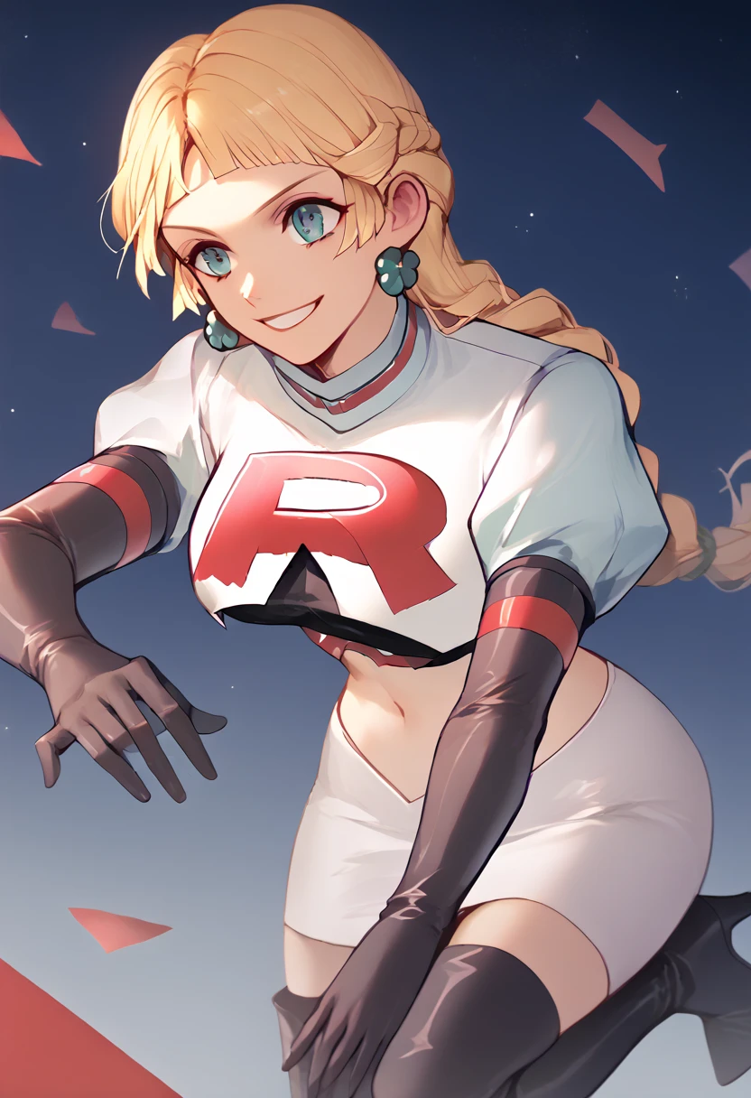 Team rocket, team rocket uniform, red letter R, white skirt,white crop top,black thigh-high boots, black elbow gloves, evil smile, night sky background, earrings, large breasts, high-heeled boots, Ingrid Brandl Galatea, blond hair