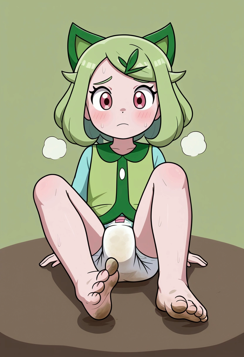 masterpiece, best quality, highres, liko as a ddler, girl sitting, wet diaper, very cute, adorable, curious, barefoot sole, foot focus, dirt, smelly, stinky, steamy, sweaty