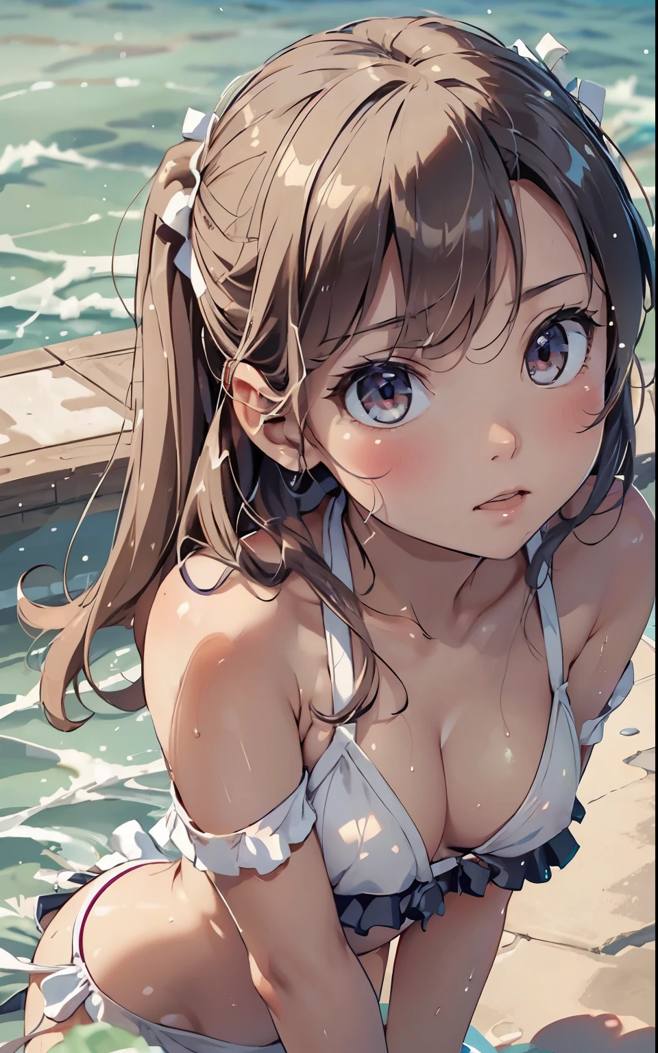 masterpiece, top-quality, 4K,Hi-Res, 1girl in, Marl, Glass Wonder(Umamusume),A tremendous amount of sweat, hair between eye,{{{small tits}}},Bare arms,bare clavicle,Bare neck,brown haired,A sexy,erotick,embarassed face,light blue eyes,A detailed eye,red blush,Blue underwear,{{{undergarment}}},an lingerie,frilld,natta,de pele branca,Vulgarity,crouching down,{{{all-fours}}},{{{bending forward}}},opening legs,Photo from above,