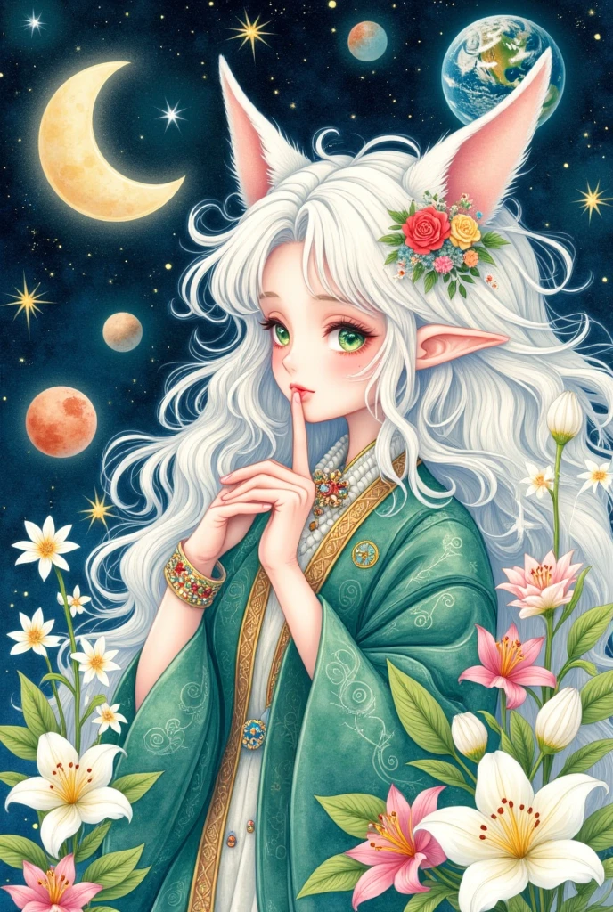 1girl,acrylic paint \(medium\),artist name,astronaut,aurora,bangs,bouquet,constellation,crescent,crescent moon,daisy,earrings,earth \(planet\),finger to mouth,flower,frills,full moon,galaxy,green eyes,jewelry,leaf,light particles,lily \(flower\),lily of the valley,long hair,lotus,marker \(medium\),milky way,moon,moonlight,night,night sky,painting \(medium\),pink flower,planet,pointy ears,profile,sample,shooting star,sky,solo,space,star \(sky\),star \(symbol\),starry background,starry sky,starry sky print,tanabata,tanzaku,traditional media,upper body,very long hair,watercolor \(medium\),wavy hair,white flower,white hair,white rose,window,yellow flower