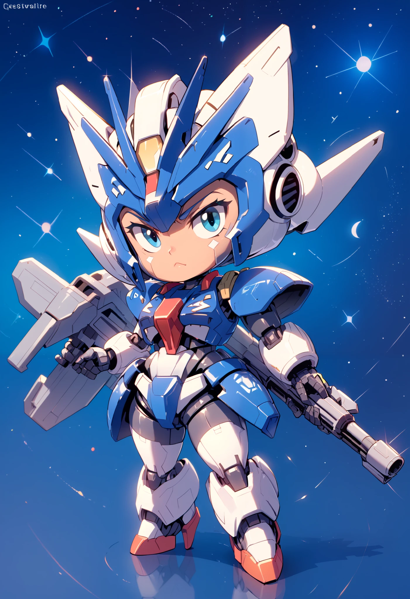 ((masterpiece)), accurate, textured skin, ((super detail)), high quality, high details, highres, best quality, chibi, Gundam, robots, deformed characters, space, star wars, Metallic blue armor, Beam rifle, Heavy Armor, girl, 