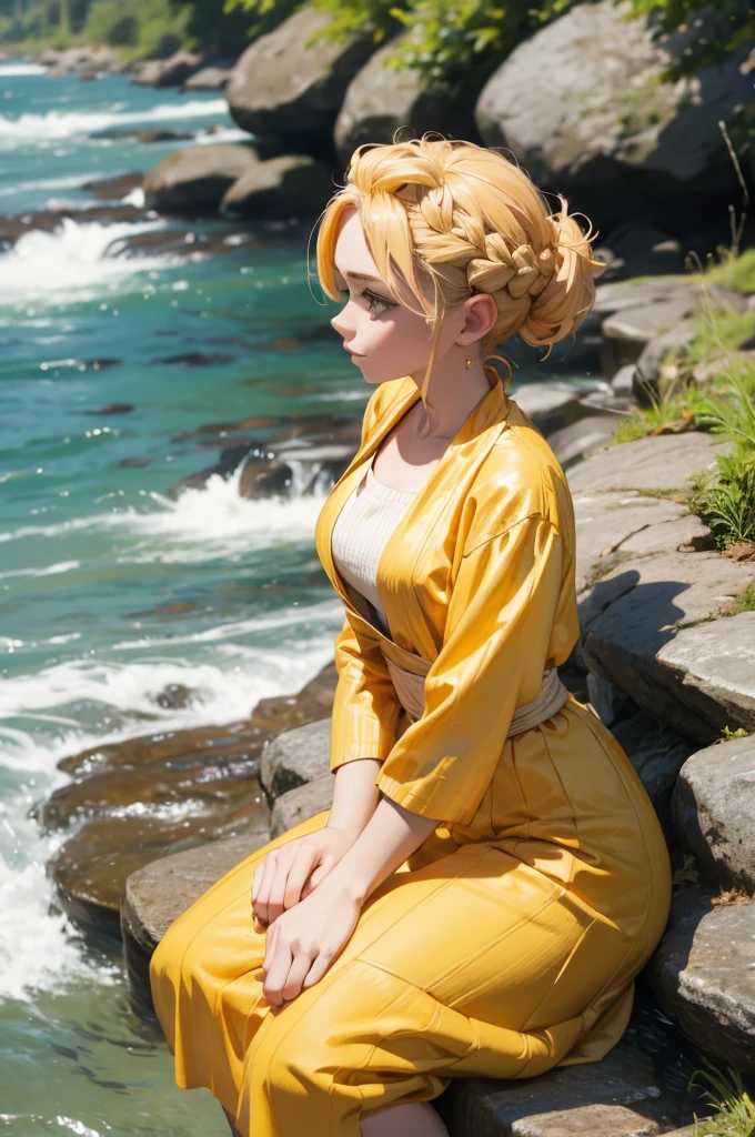 Beautiful blonde woman, braided updo, sitting by the river