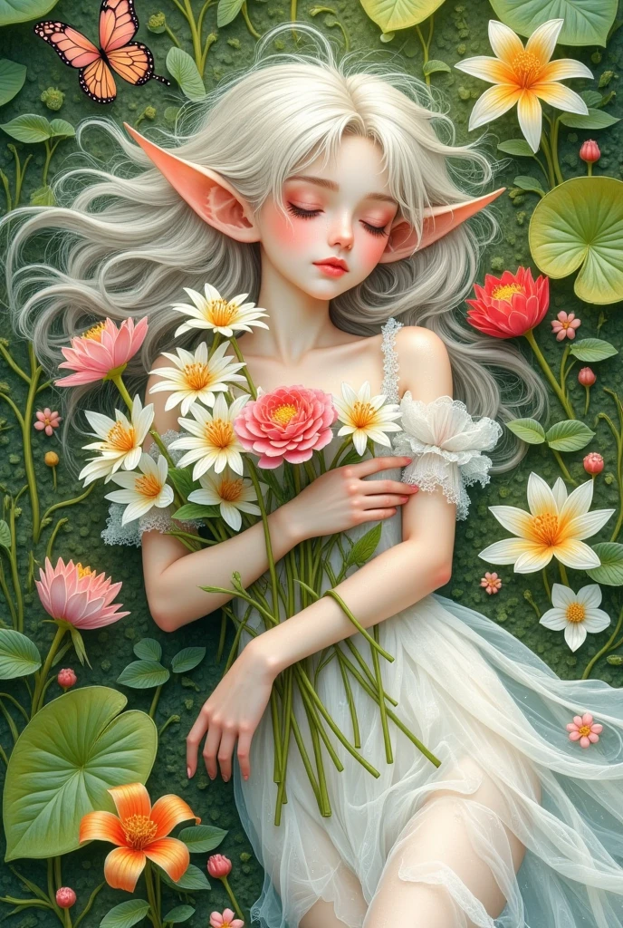 1girl,artist name,black background,bouquet,bug,butterfly,camellia,closed eyes,daisy,dandelion,field,floral background,flower,flower \(symbol\),flower field,flower wreath,grass,head wreath,holding bouquet,holding flower,hydrangea,leaf,lily \(flower\),lily of the valley,lily pad,long hair,long sleeves,lotus,lying,on back,orange flower,petals,pink flower,pink rose,pointy ears,puffy sleeves,purple flower,ribbon,rose,smelling,solo,traditional media,tulip,vase,very long hair,white flower,white rose,yellow flower,yellow rose