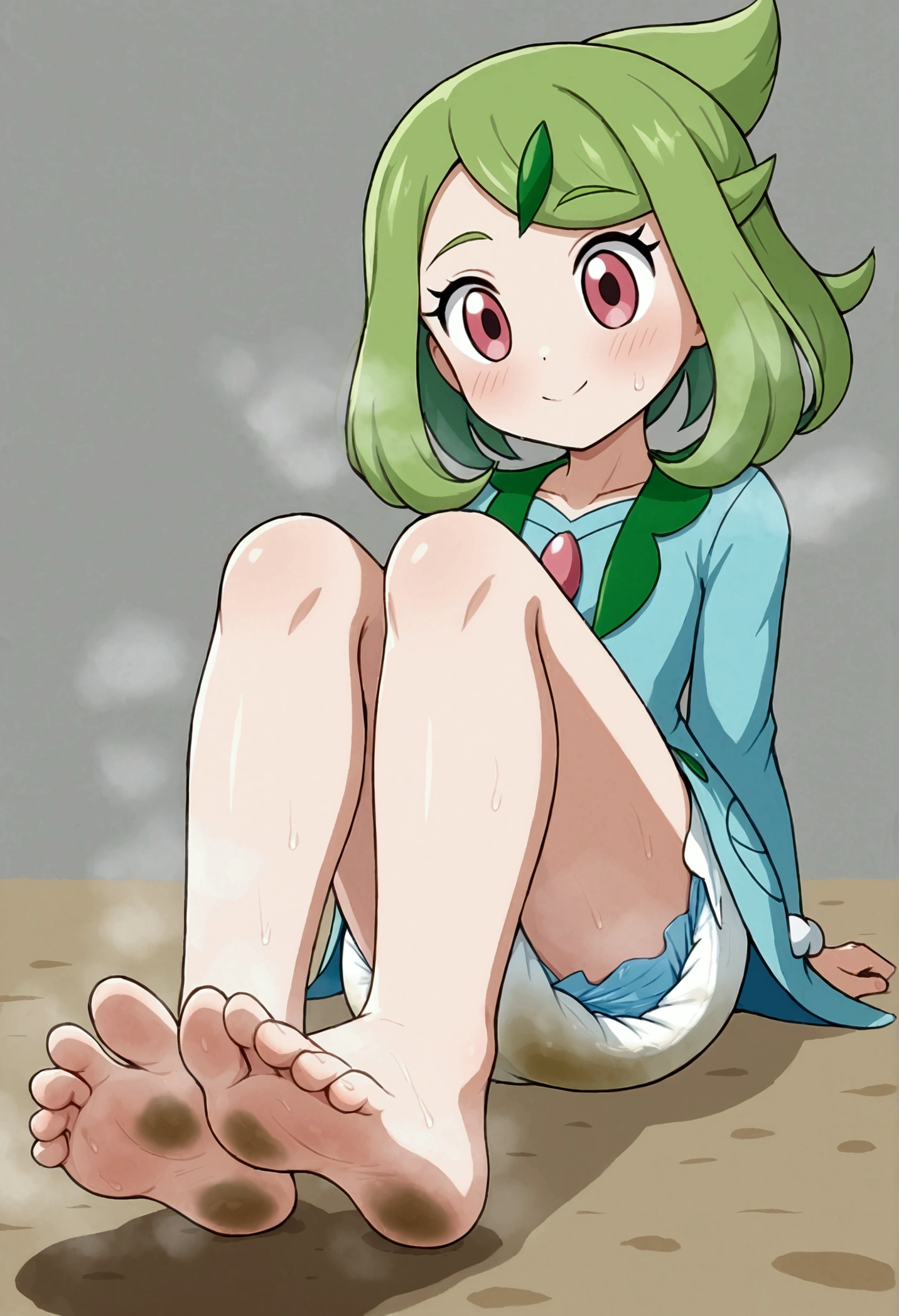 masterpiece, best quality, highres, liko as a toddler, girl sitting, wet diaper, very cute, adorable, curious, barefoot sole, foot focus, dirt, smelly, stinky, steamy, sweaty