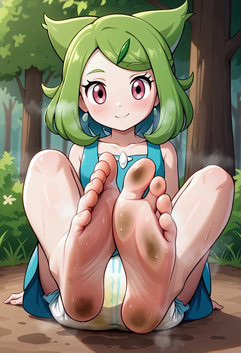 masterpiece, best quality, highres, liko as a toddler, girl sitting, wet diaper, very cute, adorable, curious, barefoot sole, foot focus, dirt, smelly, stinky, steamy, sweaty