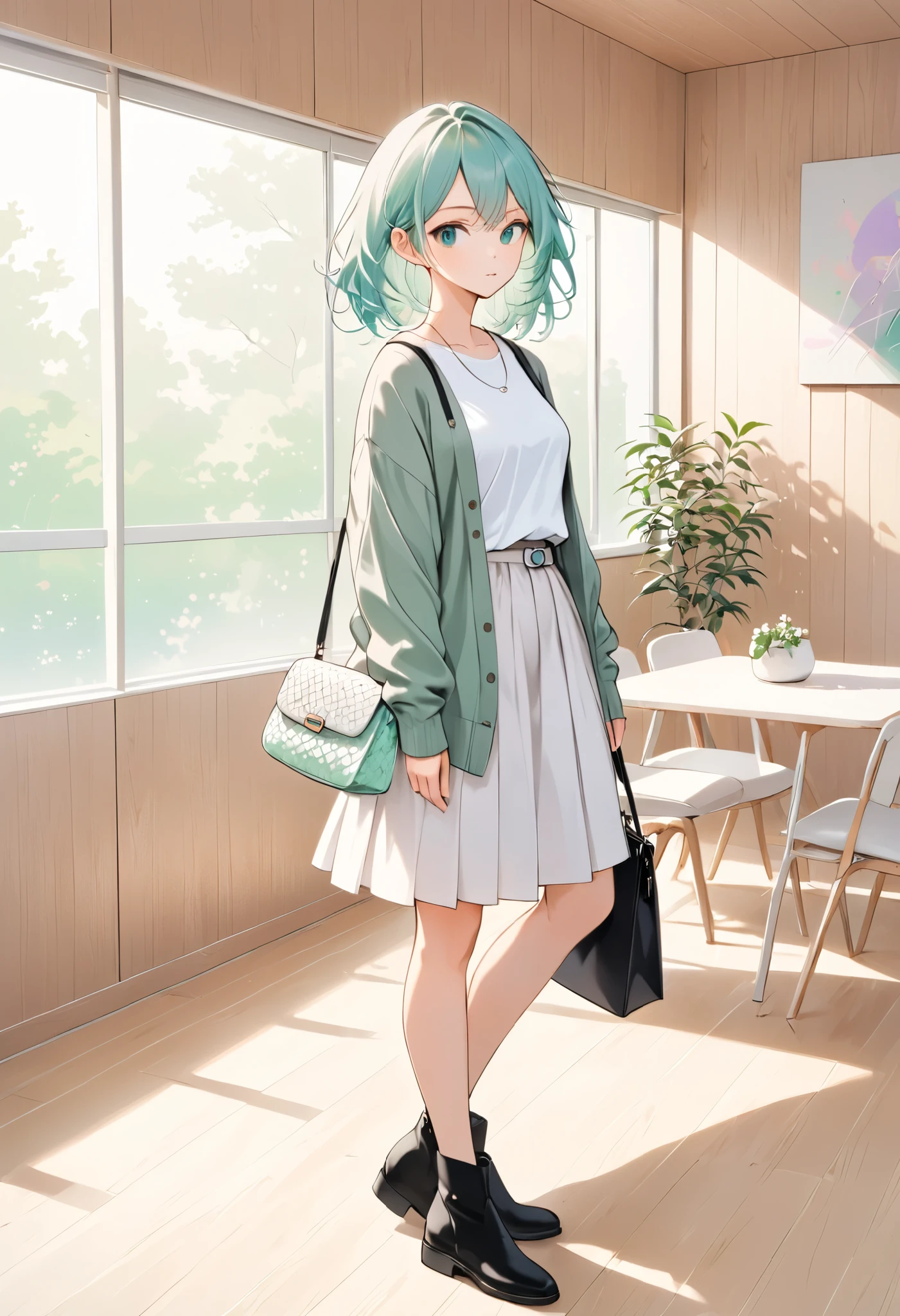 anime girl, pastel,theme color green, fashionable woman,side shot, pastel,casual chic outfit, black cardigan, white graphic t-shirt, long white skirt, purple knitted handbag, black ankle boots, wooden panel background, relaxed pose, minimalist decor, modern style, soft natural lighting, cozy ambiance, effortless fashion, simple yet elegant, contemporary look, stylish and casual, focus on outfit and accessories